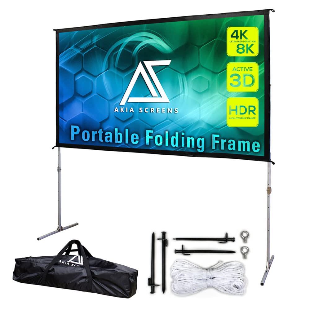 Akia 120 Inch Projector Screen with Stand and Carry Bag for Indoor & Outdoor Use – Portable Backyard Movie Display for 4K Ultra HD Viewing, Foldable Cinema Frame with Adjustable Support – AK-OS120H1.