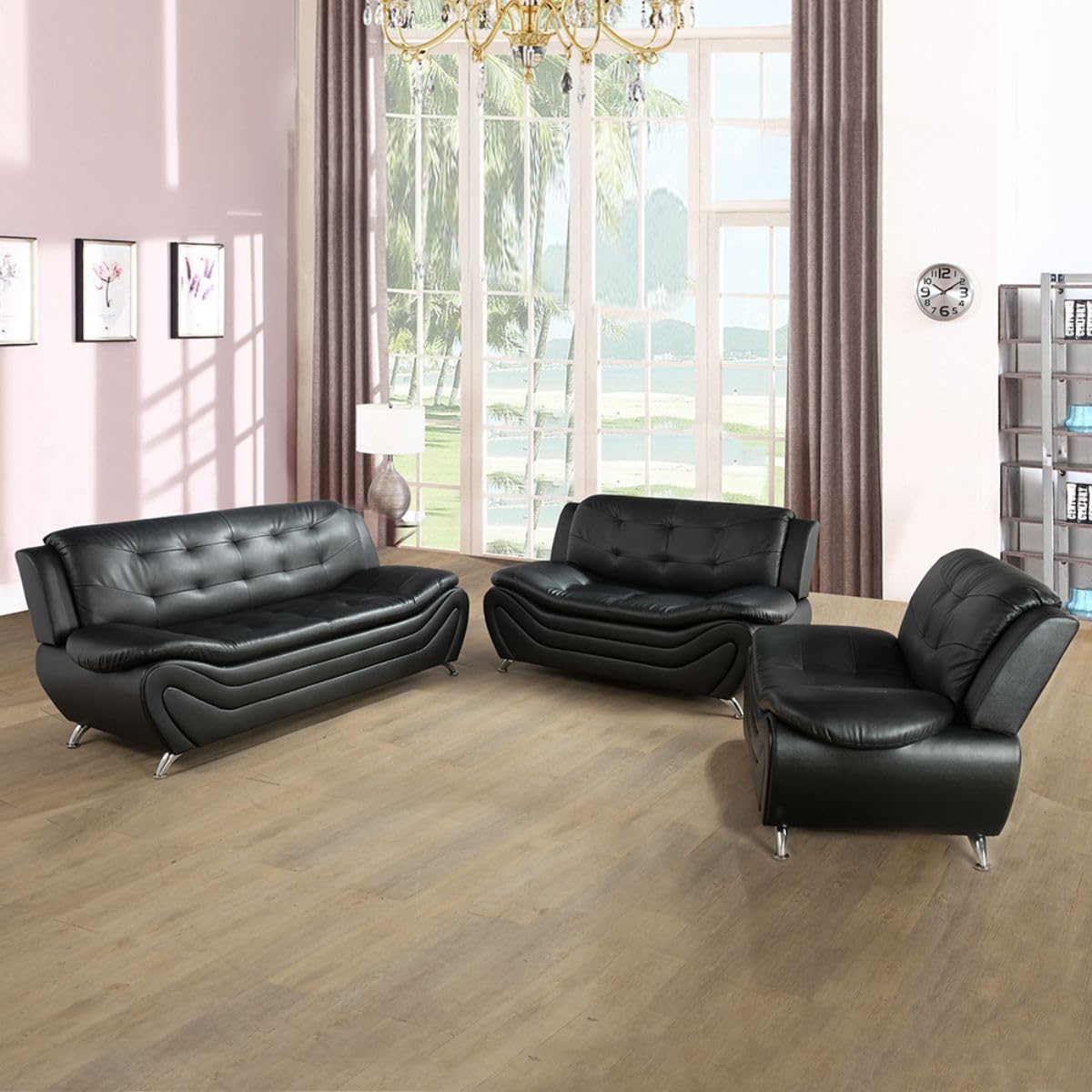 UOCFYK Lounge Comfy Faux Leather Sectional Sofa Modern Couch for Small Living Room/Dorm/Bedroom/Office/Apartment for Small Spaces, (Black-1, Three-Piece)