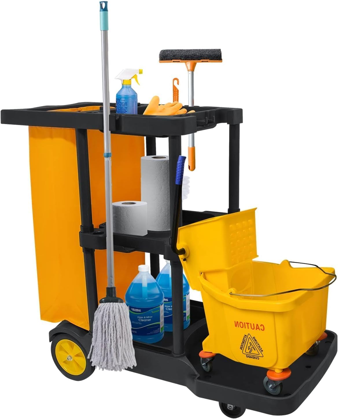 tonchean 3-Tier Janitorial Cart with 25 Gallon Vinyl Bag, Rolling Housekeeping Cleaning Cart, Large Capacity Utility Trolley for Business, School and Office