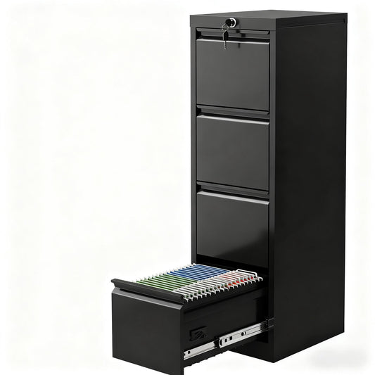 4 Drawer Metal File Cabinet with Lock, Wide Office Steel Filing Cabinet, Mobile Storage Organizer for Letter Legal Files, Home Office School Tool Storage Cabinet, Black
