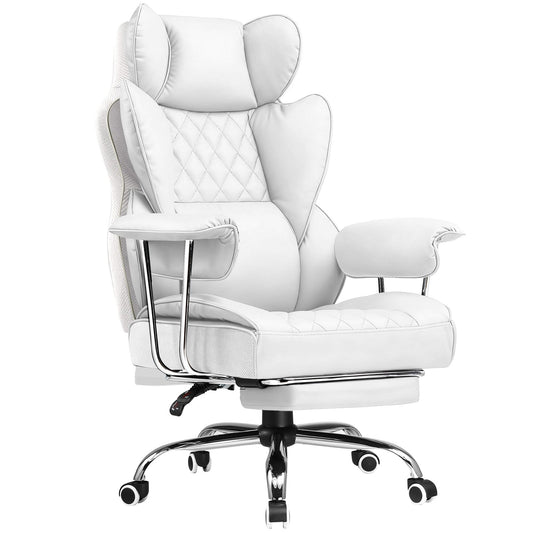 COMHOMA Big and Tall Gaming Chair with Pocket Spring Lumbar Support, Ergonomic Office Chair with Footrest, Executive Desk Chair with Outward Fixed Soft Armrests, Computer Chair with High Back, White