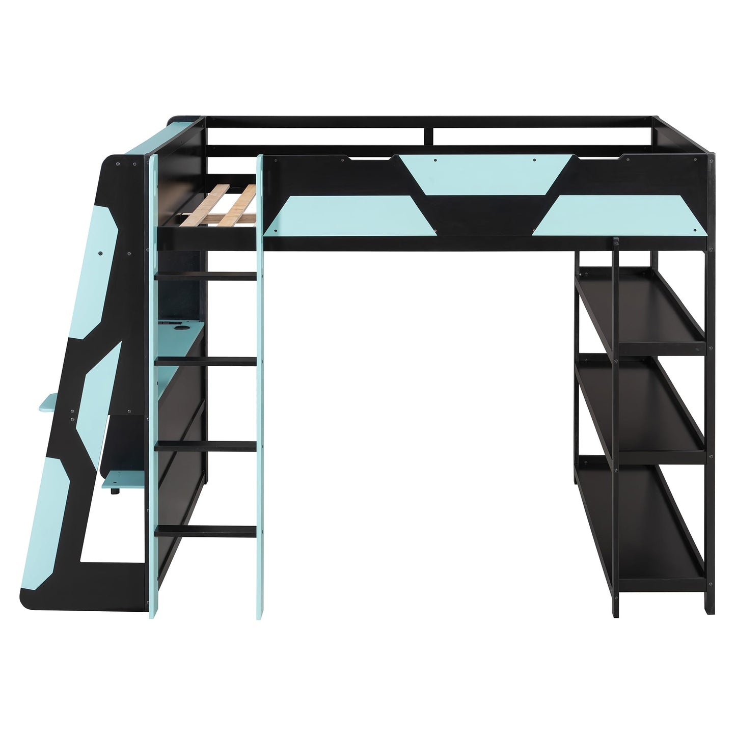 Merax Full Size Gaming Loft Bed with Side-Mounted Desk & 3-Tier Storage Shelves. Space-Saving Bedroom Set with Built-in Power Outlets & USB Ports for Teens & Gamers, Black+Blue
