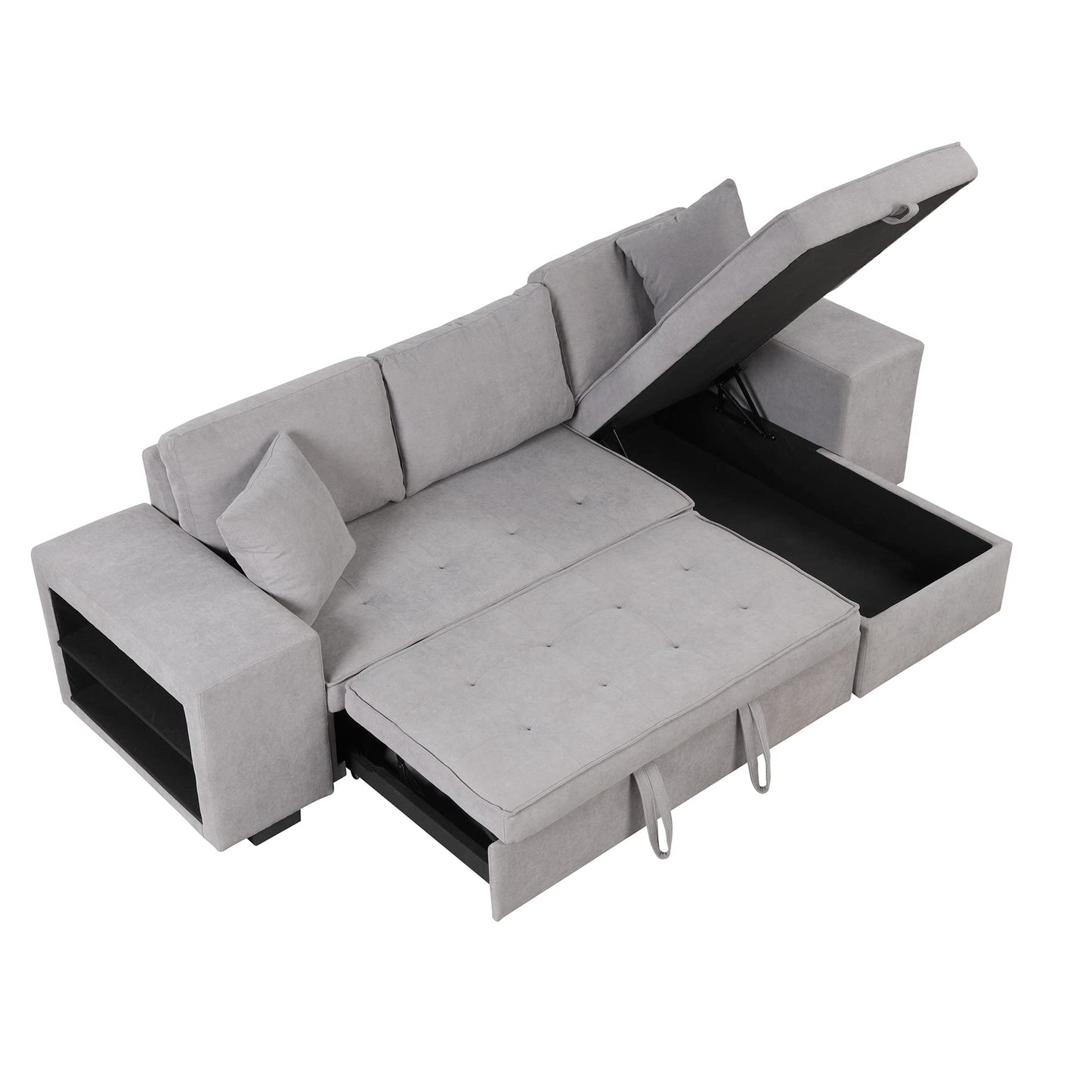 Merax Sleeper Sofa Bed with Reversible Storage Chaise Lounge and 2 Storage Ottoman, L-Shape Couch for Living Room