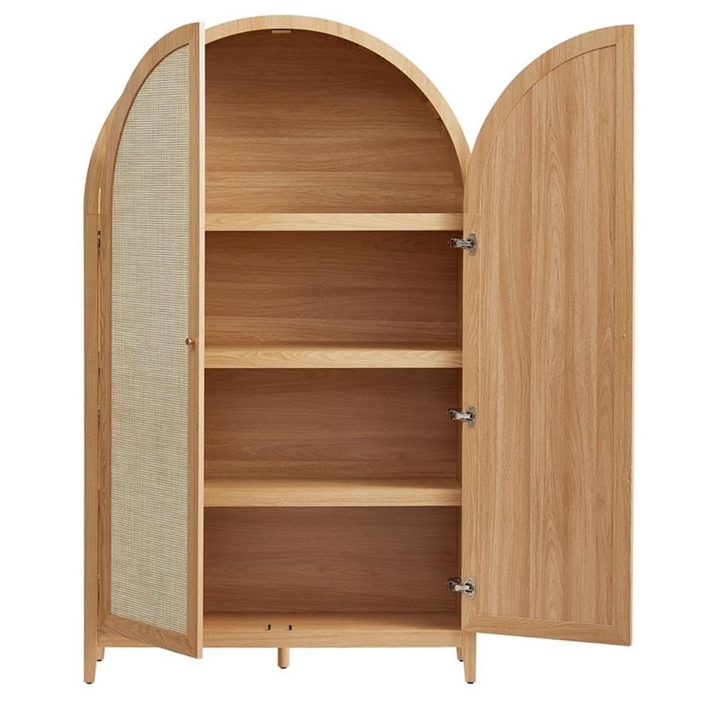 MAKLAINE 79" Tall Wide Arched Storage Cabinet, Synthetic Rattan Doors, Natural Wood Grain Finish, 2 Adjustable Shelves, Soft-Close Hinges, Durable Linen Cabinet for Office, Hallway, or Living Room