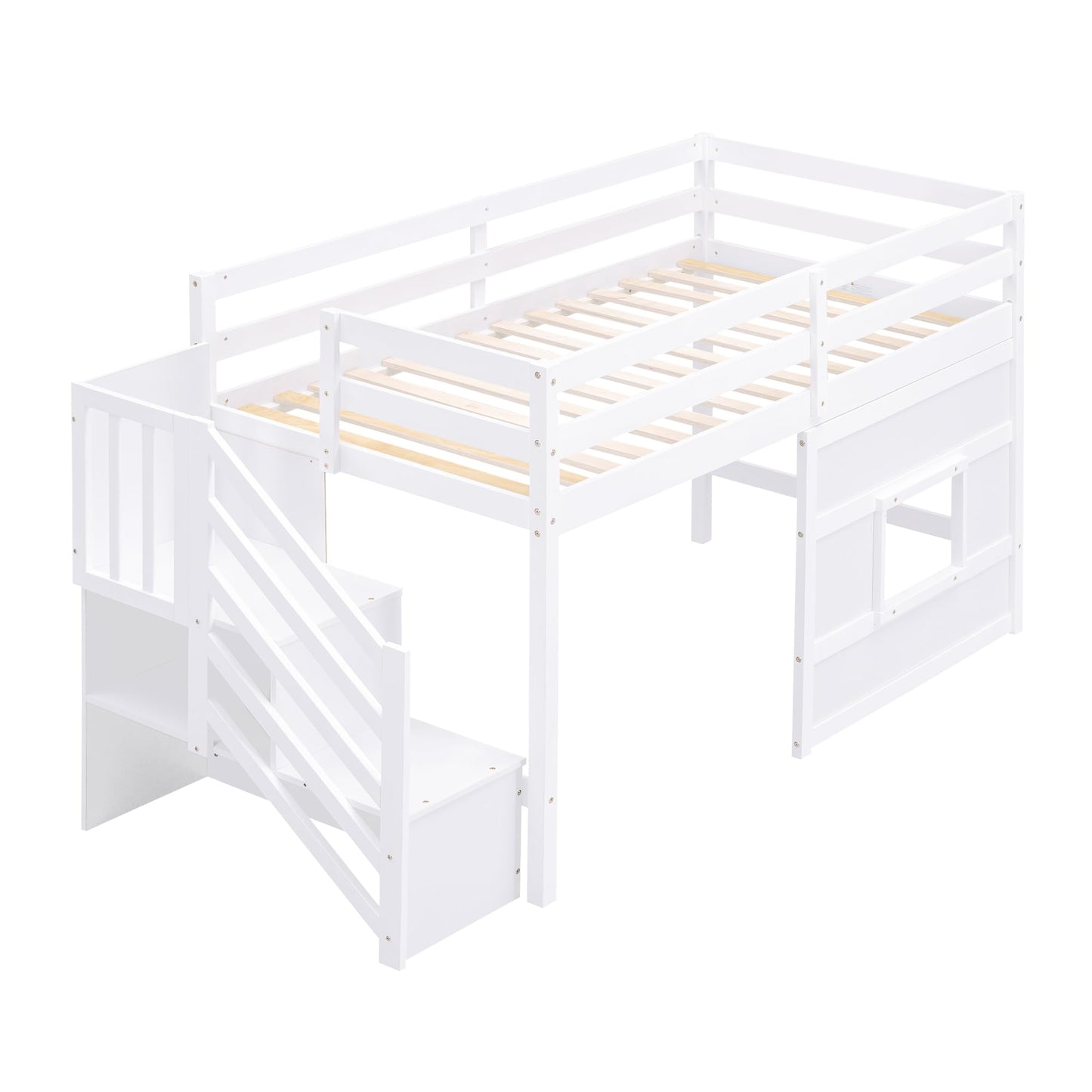 Merax Twin Size Loft Bed with Storage Staircase, Solid Wood Loft Bed Frame with LED Light and Safety Guardrail, Under-Bed Play Space, Playhouse Beds for Kids, Boys, Girls,White