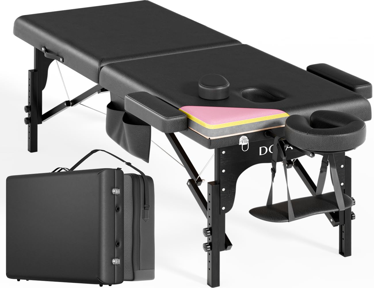 DOVANS Professional Massage Table Portable 2 Fold Premium Elastic Foam Wooden Leg Hold Up to 800LBS 10 Heights Adjustable with Carrying Bag Black