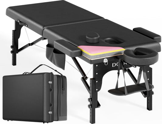 DOVANS Professional Massage Table Portable 2 Fold Premium Elastic Foam Wooden Leg Hold Up to 800LBS 10 Heights Adjustable with Carrying Bag Black