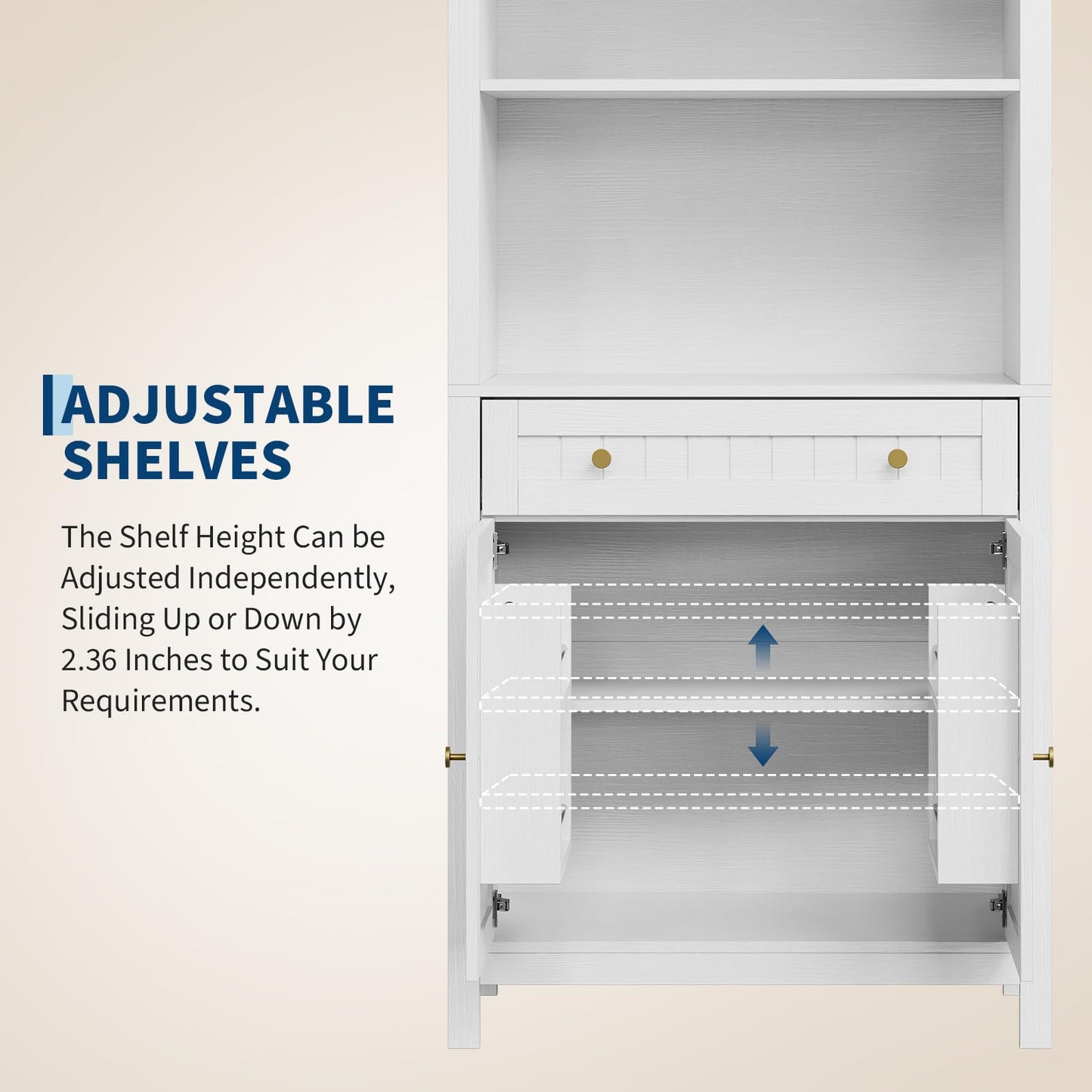 GarveeHome 73" Tall Arched Pantry Cabinet with 1 Drawer, 3-Tier Bookshelf, Bookcase, Kitchen Storage Cabinet with Doors and Adjustable Shelves, for Dining Room and Livingroom