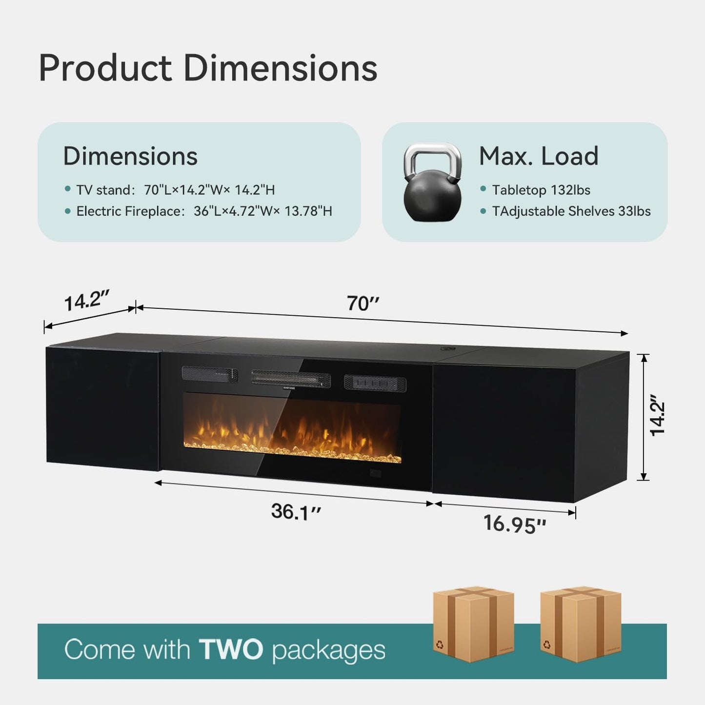 MXV 70'' Floating TV Stand, Modern Media Entertainment Center with 36" Electric Fireplace, TV Console Cabinet Wall Mounted, Adjustable 12-Color LED Lights, for Living Room, Black + Black