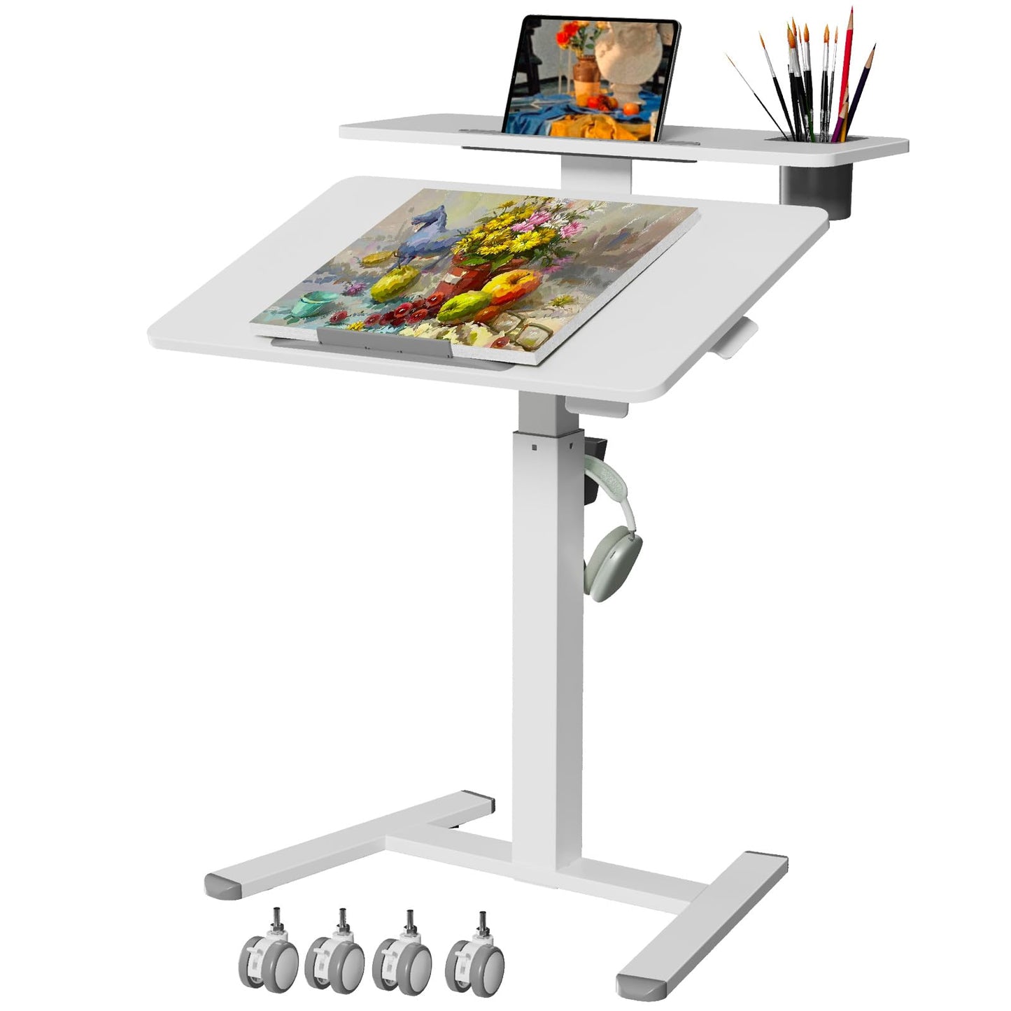 Liftsync 28Inch Mobile Standing Desk On Wheels， Rolling Laptop Stand with Tiltable Desktop， Small Computer Workstation Adjustable Height， 2-Tier Portable Study Table with Storage Shelves， White