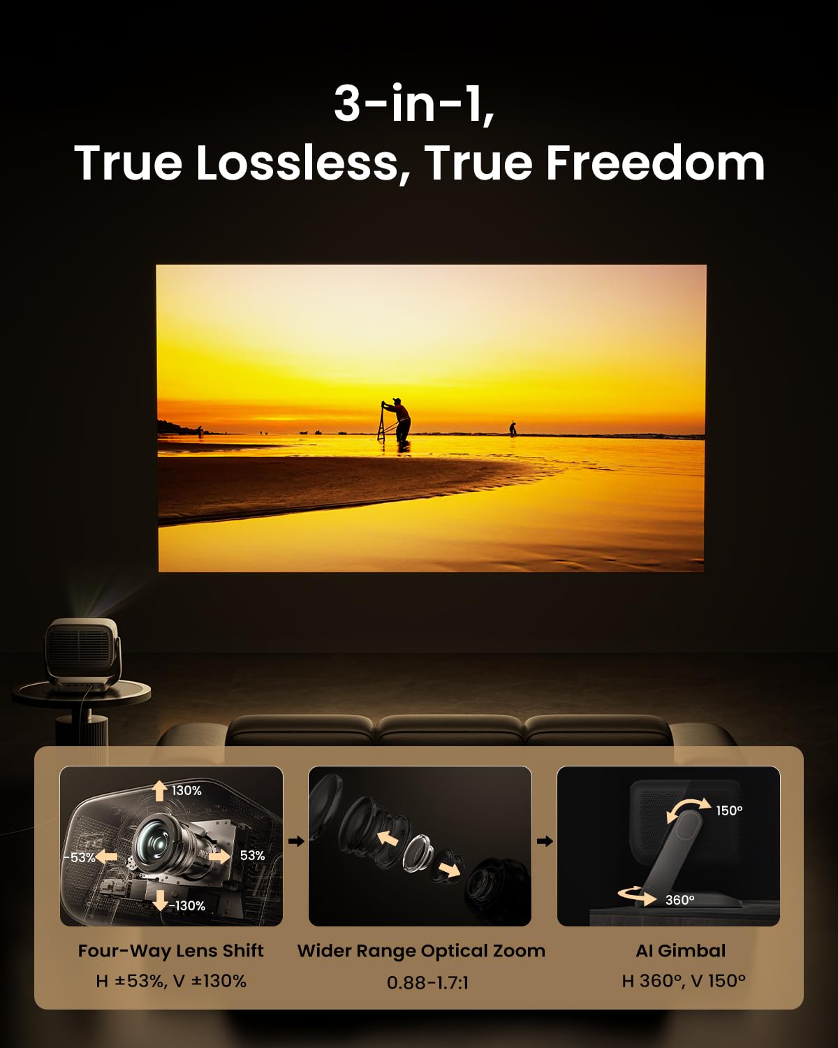JMGO N3 Ultimate 4K Triple Laser Projector, 5800 ISO Lumens, 3-in-1 Lens Shift, Optical Zoom, AI Gimbal, 20000:1 Contrast, 1ms Low Latency, VRR & ALLM, Dolby Vision Home Theater.