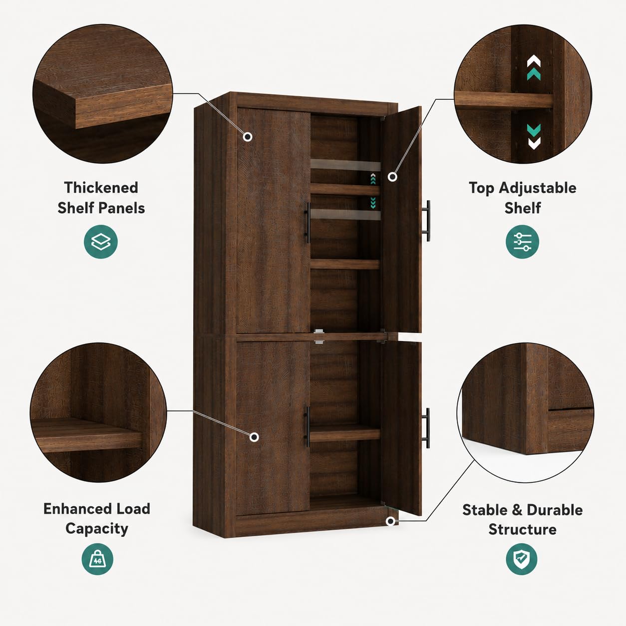 Garvee Tall Farmhouse Pantry Cabinet with Adjustable Shelves, 70.4" Kitchen Storage Cupboard with 4 Doors, Freestanding Microwave Stand and Food Organizer, Dining Area, Rustic Brown