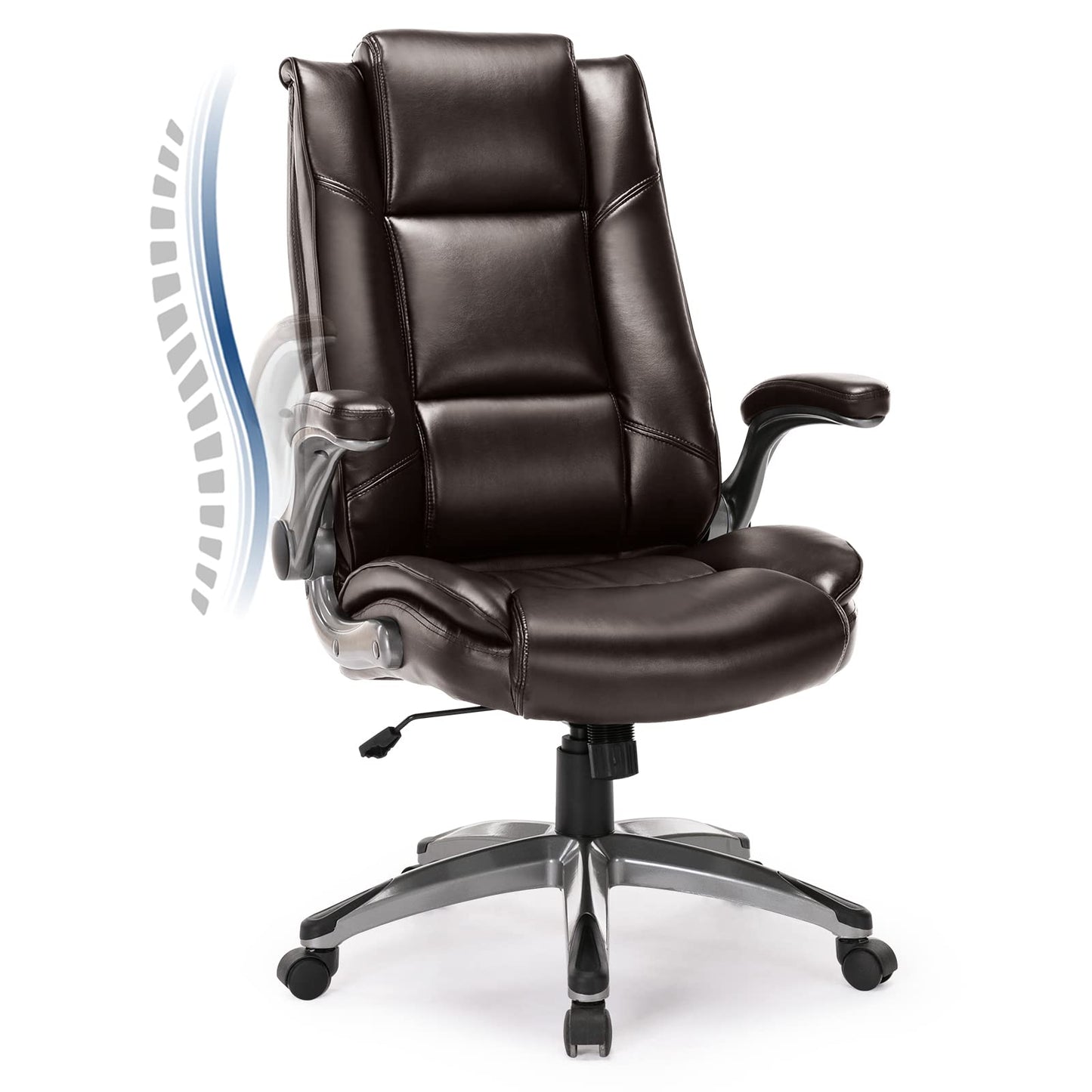 COLAMY Leather Executive Office Chair - High Back Home Computer Desk Chair with Padded Flip-up Arms, Adjustable Tilt Lock, Swivel Rolling Ergonomic Chair for Adult Working Study, Brown
