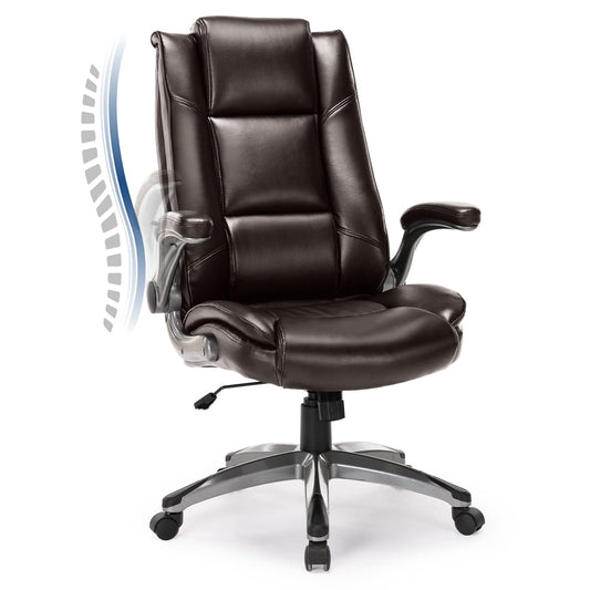 COLAMY Leather Executive Office Chair - High Back Home Computer Desk Chair with Padded Flip-up Arms, Adjustable Tilt Lock, Swivel Rolling Ergonomic Chair for Adult Working Study, Brown