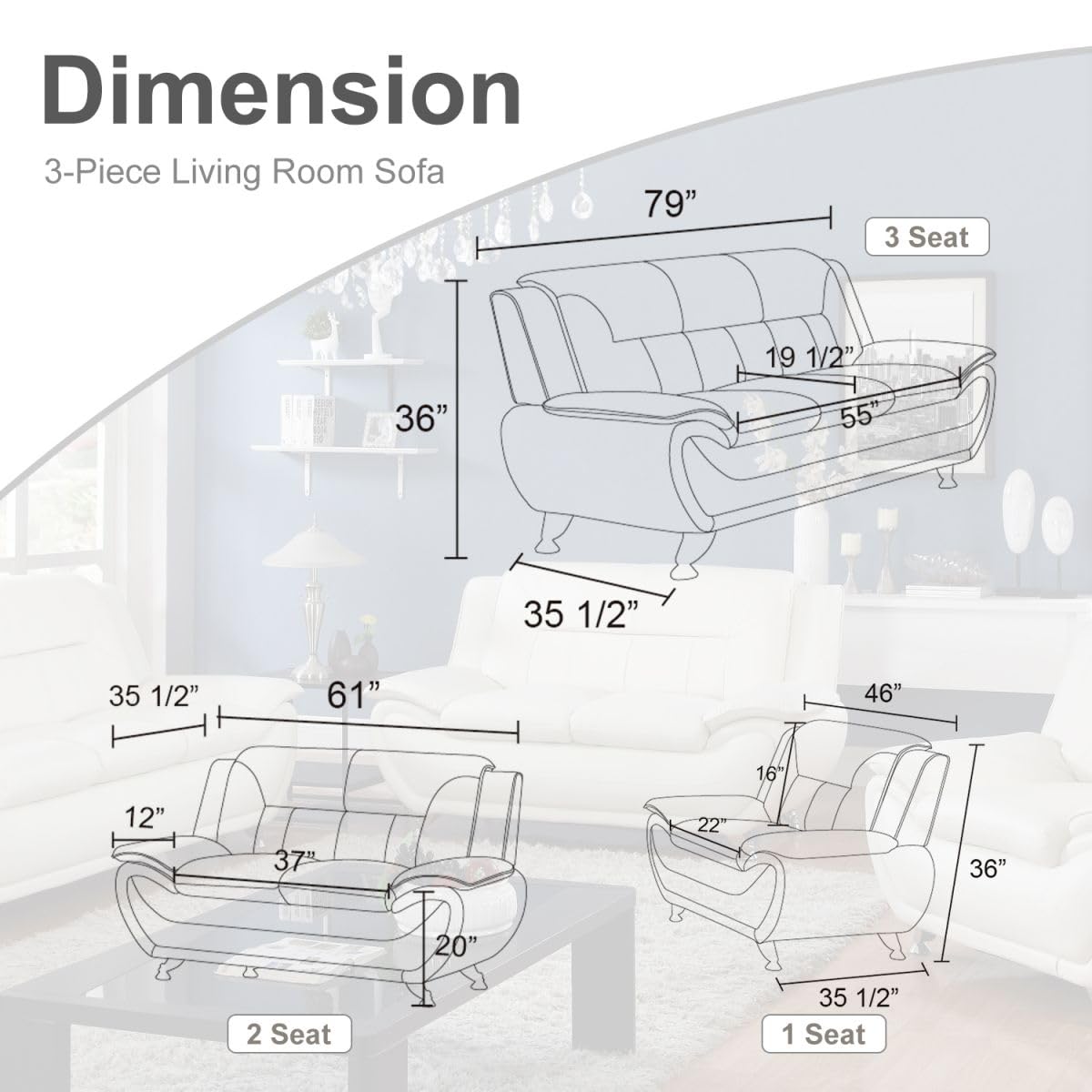 UOCFYK Lounge Comfy Faux Leather Sectional Sofa Modern Couch for Small Living Room/Dorm/Bedroom/Office/Apartment for Small Spaces, (White, Three-Piece)