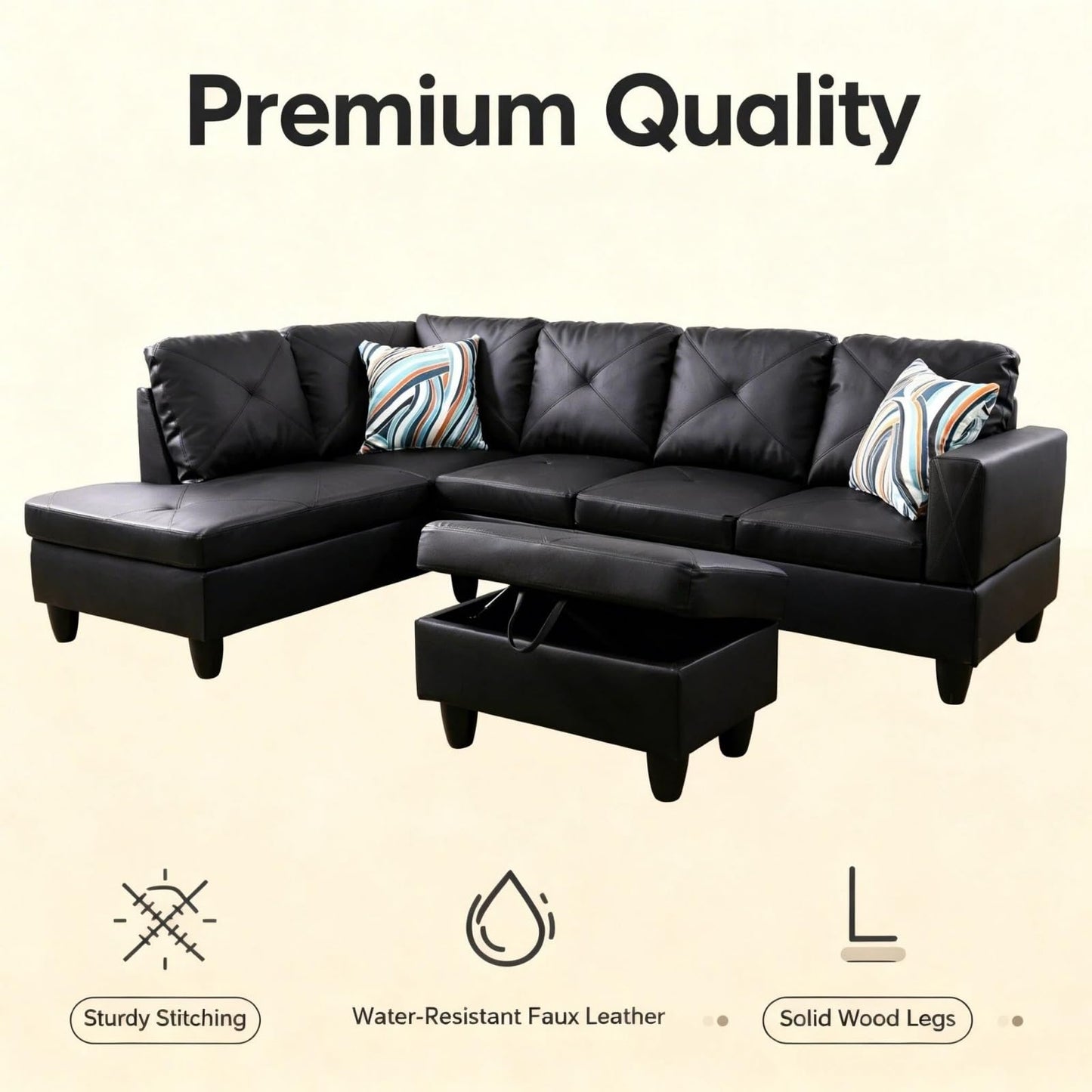 Trygoal 97 inch L-Shape Sofa with Storage Ottoman, Leather Sectional Couch with Left Chaise, Modern 3-Piece Sofa Set, Upholstered Couch Set with Solid Wood Frame for Apartment, Loft, Black