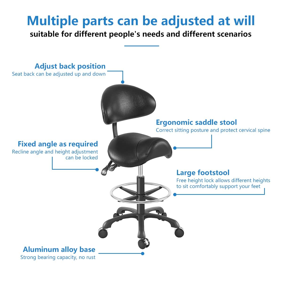Ergonomic Adjustable Drafting Chair with Oversized Saddle Seat, Heavy-Duty Esthetician Stool for Salon Office Workshop Stool, Smooth Casters for Hard Soft Floors(with Backrest/Footrest,Black)