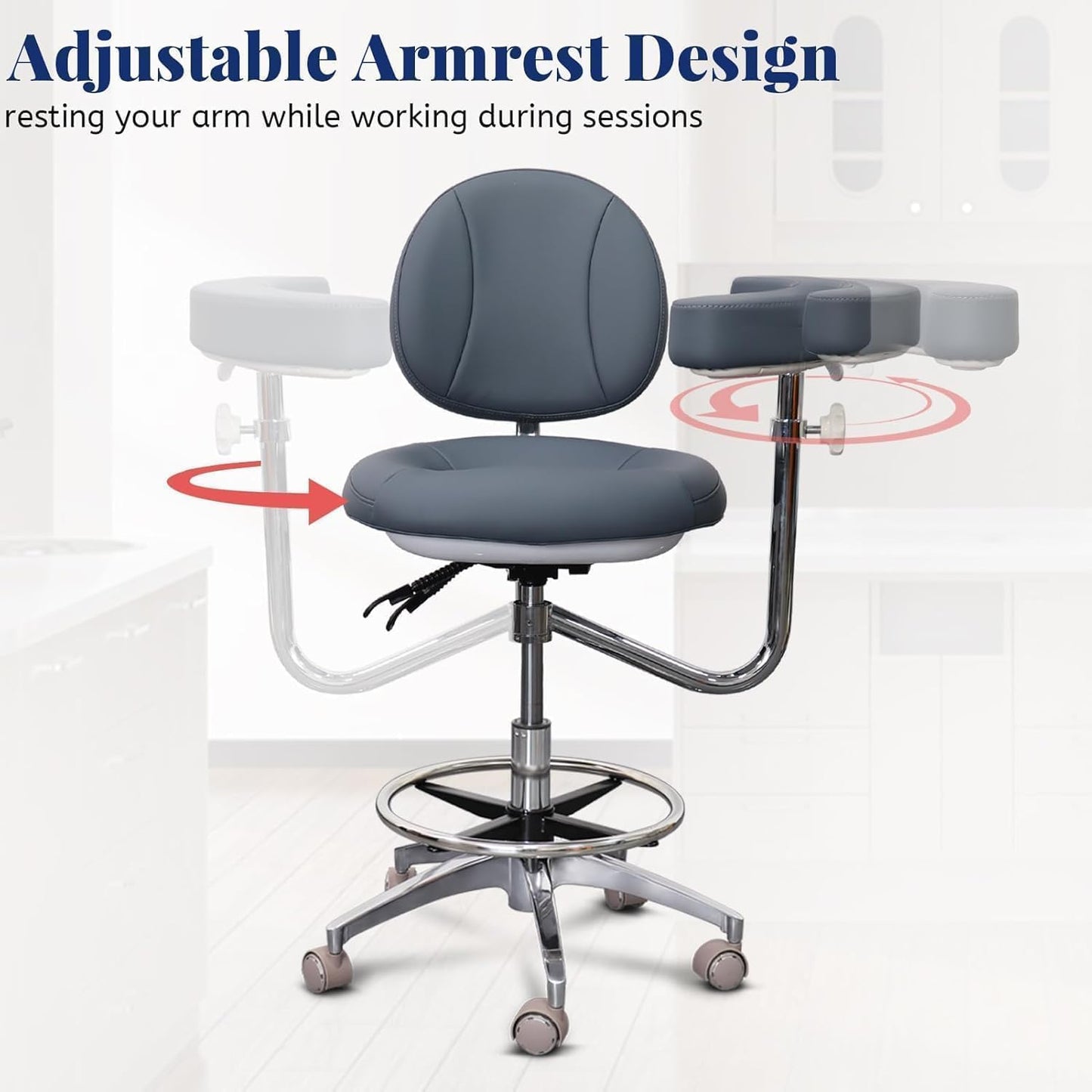 LIMKOMES Medical Dental Assistant Chair with Rotatable Armrest Rolling Medical Chair Ergonomic Swivel Seating Back Support Dentist Stool for Clinics, Dental Offices, Labs-Gray