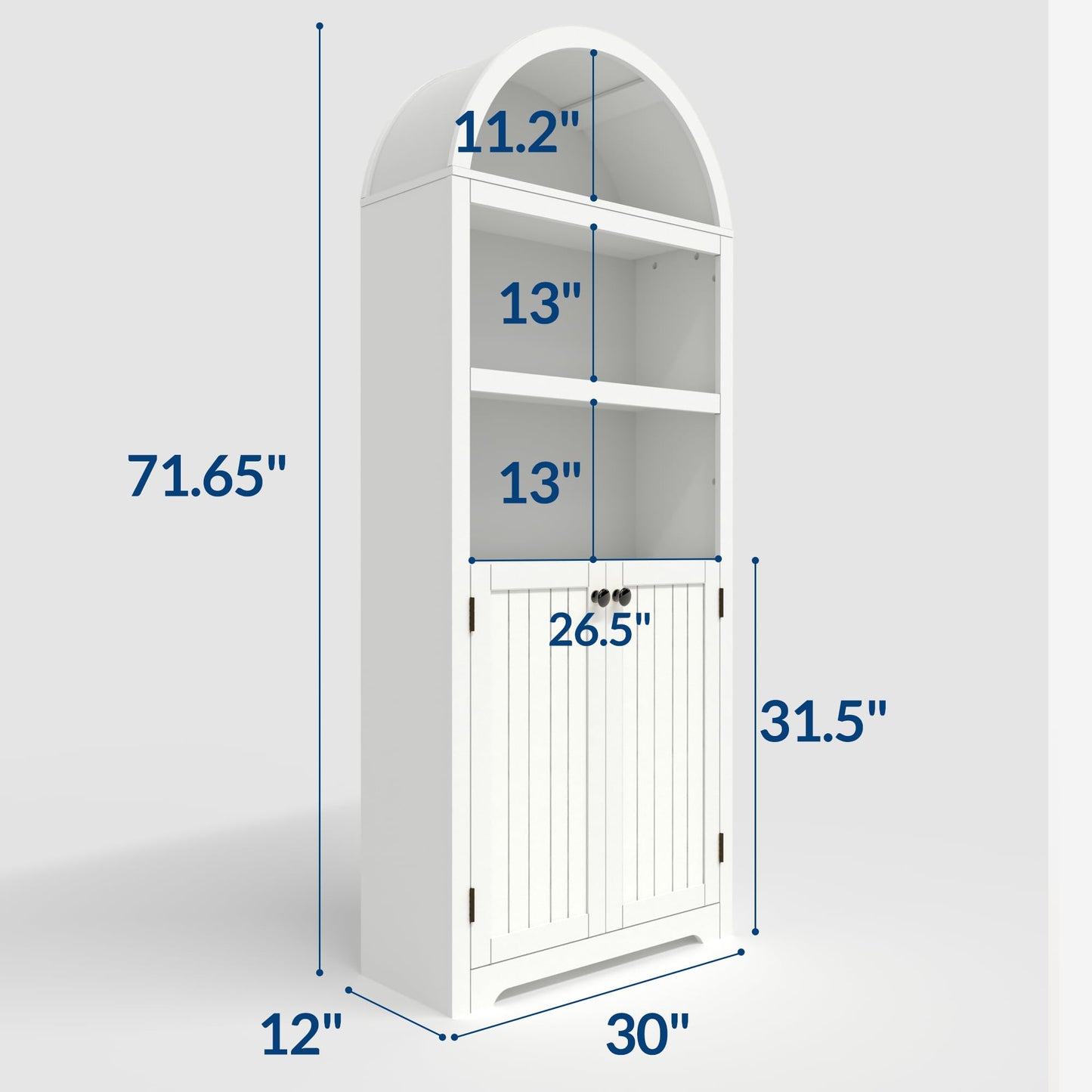 71.6" Arched Storage Cabinet with Adjustable Shelves & 2 Doors, Farmhouse 6-Tier Bookcase, Kitchen Pantry Display Shelf for Living Room and Dining Area Organization, White