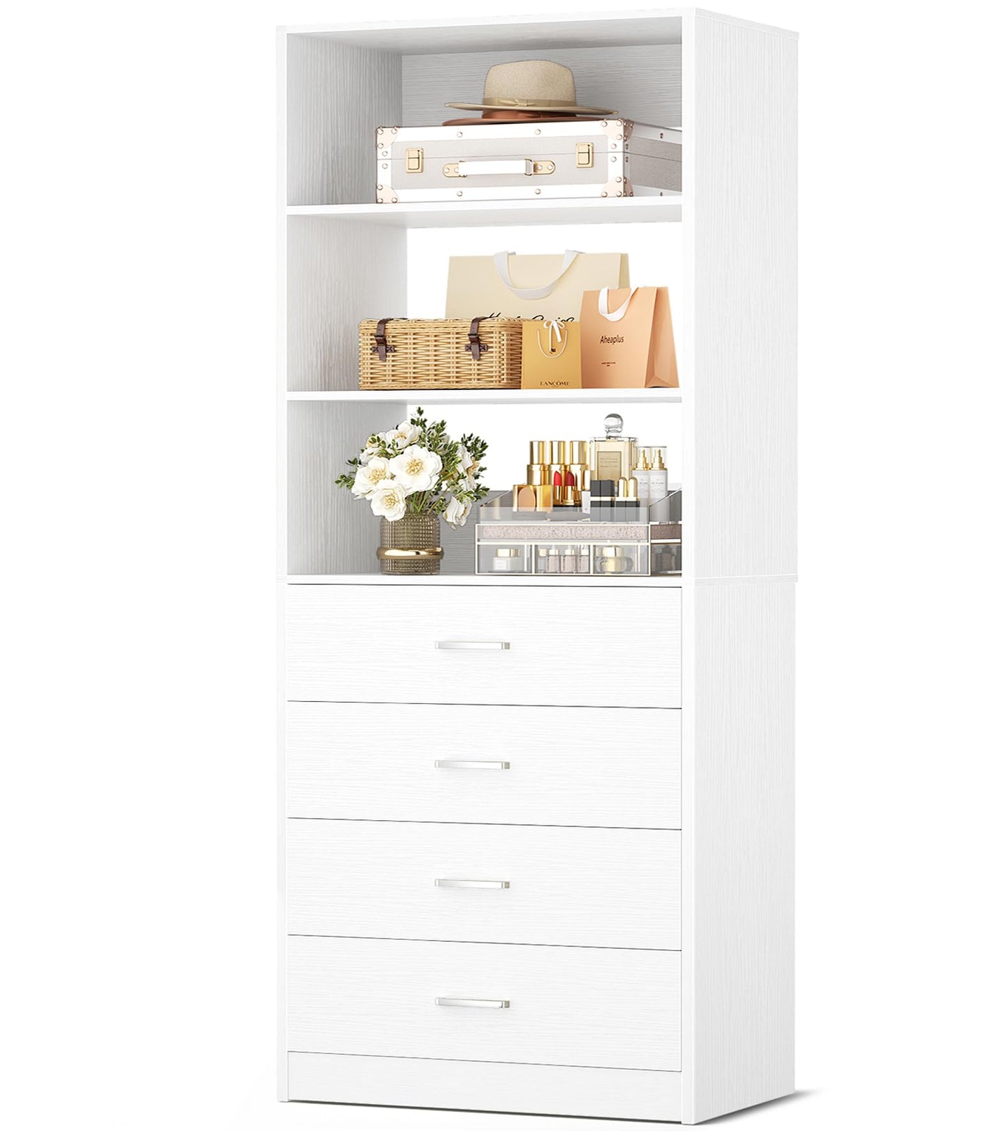 Aheaplus Closet Drawers Organizer System, 21.3" Wood Closet System with 4 Drawers, Modular Walk-in Closets Storage Unit, Tall Bookshelf Storage Cabinet, White22