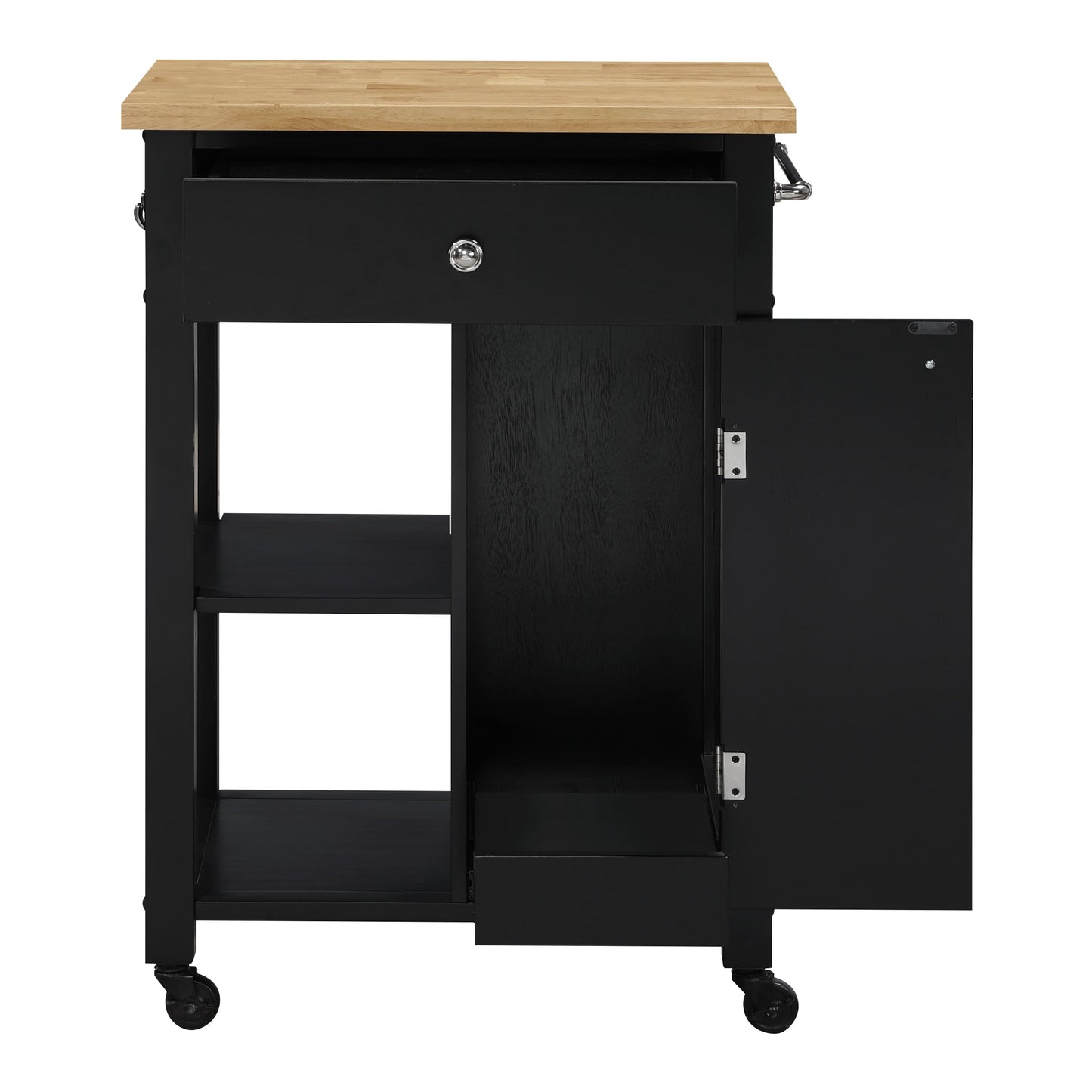 OSP Home Furnishings Derry Modern Farmhouse Kitchen Cart with Natural Butcher Block Top, Rolling Storage Cabinet with Drawer, Shelves, Hooks, Black Finish