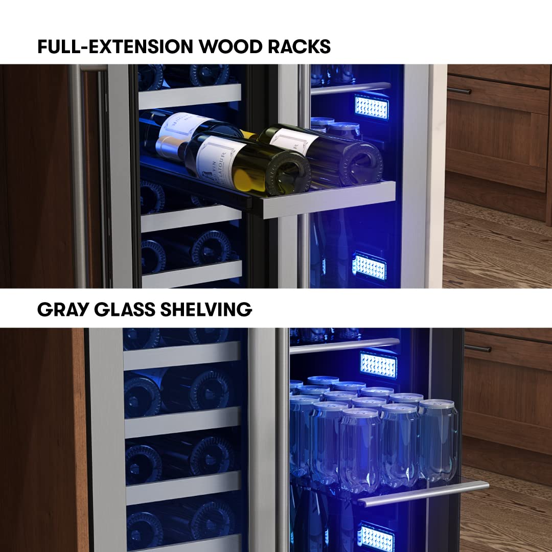 Zephyr Presrv 24 Inch Wine Fridge & Beverage Refrigerator Dual Zone Under Counter - Wine Cooler Cellars Small Beer Fridge Cabinet Drink Chiller Freestanding with French Glass Door 21 Bottles, 64 Cans