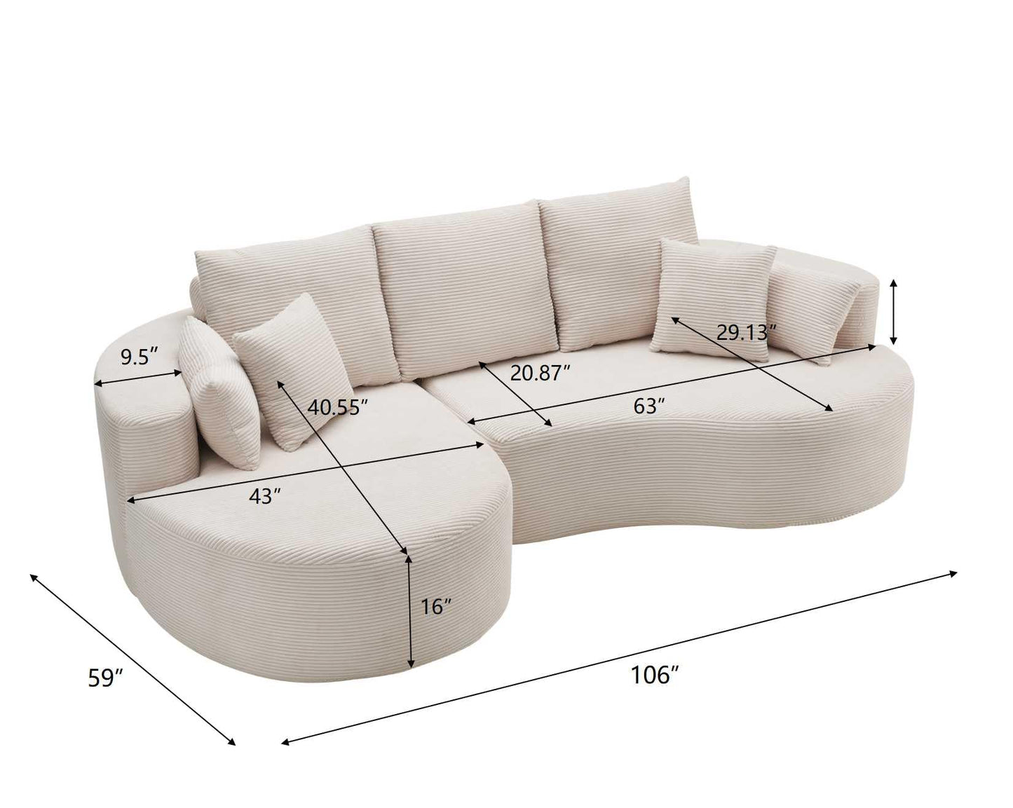 Christopher Knight Home Carden 106" Curved Modular Sectional Sofa, Comfy Sofa Couch with Chaise Lounge, Modern Cloud Couch with Deep Seat, Fabric Upholstered Set for Living Room Bedroom, Whitecap