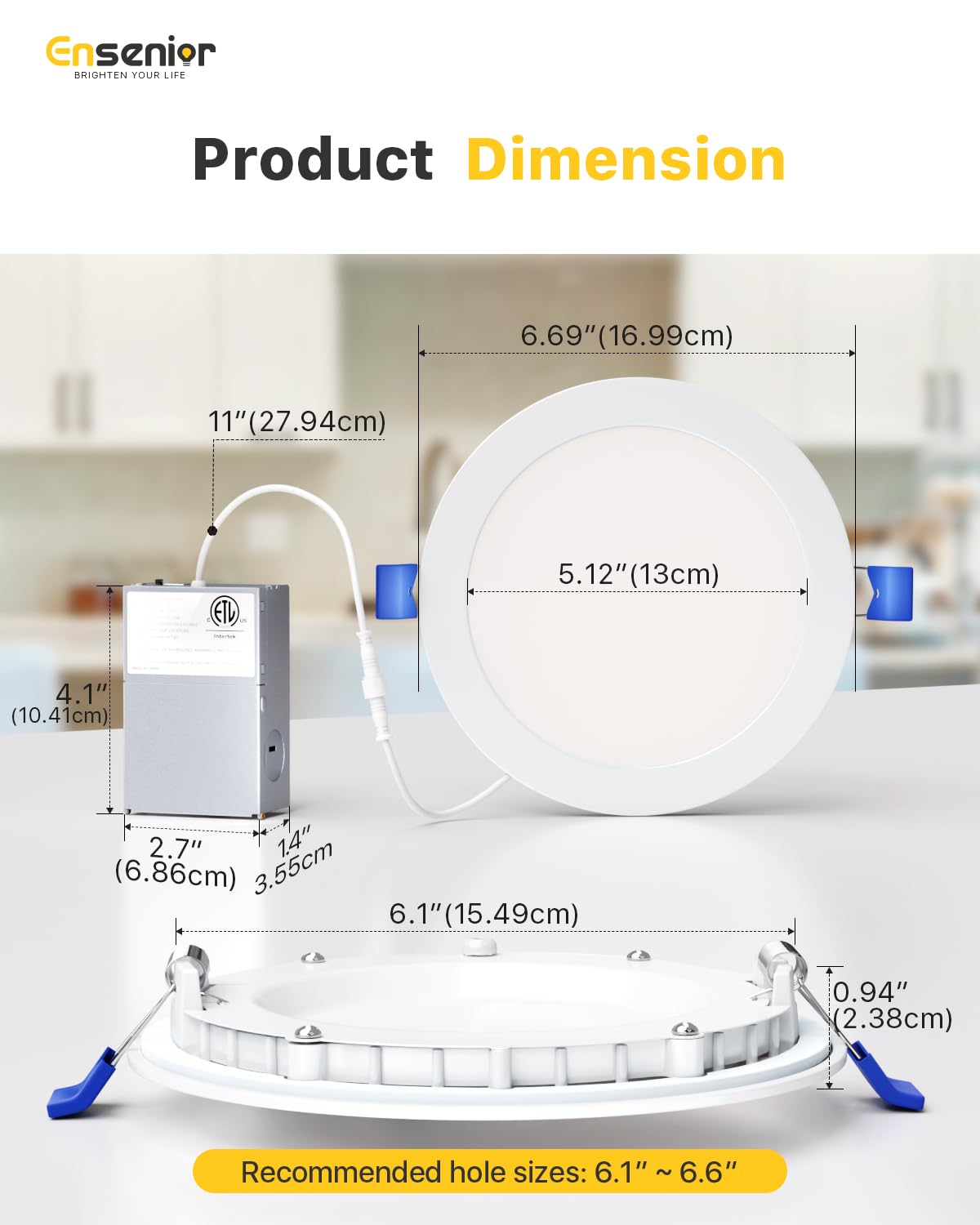 Ensenior 6 Inch LED Recessed Light, Dimmable, 5000K Daylight, 1050LM, 12W, Damp Rated, Ultra-Thin, Aluminum,