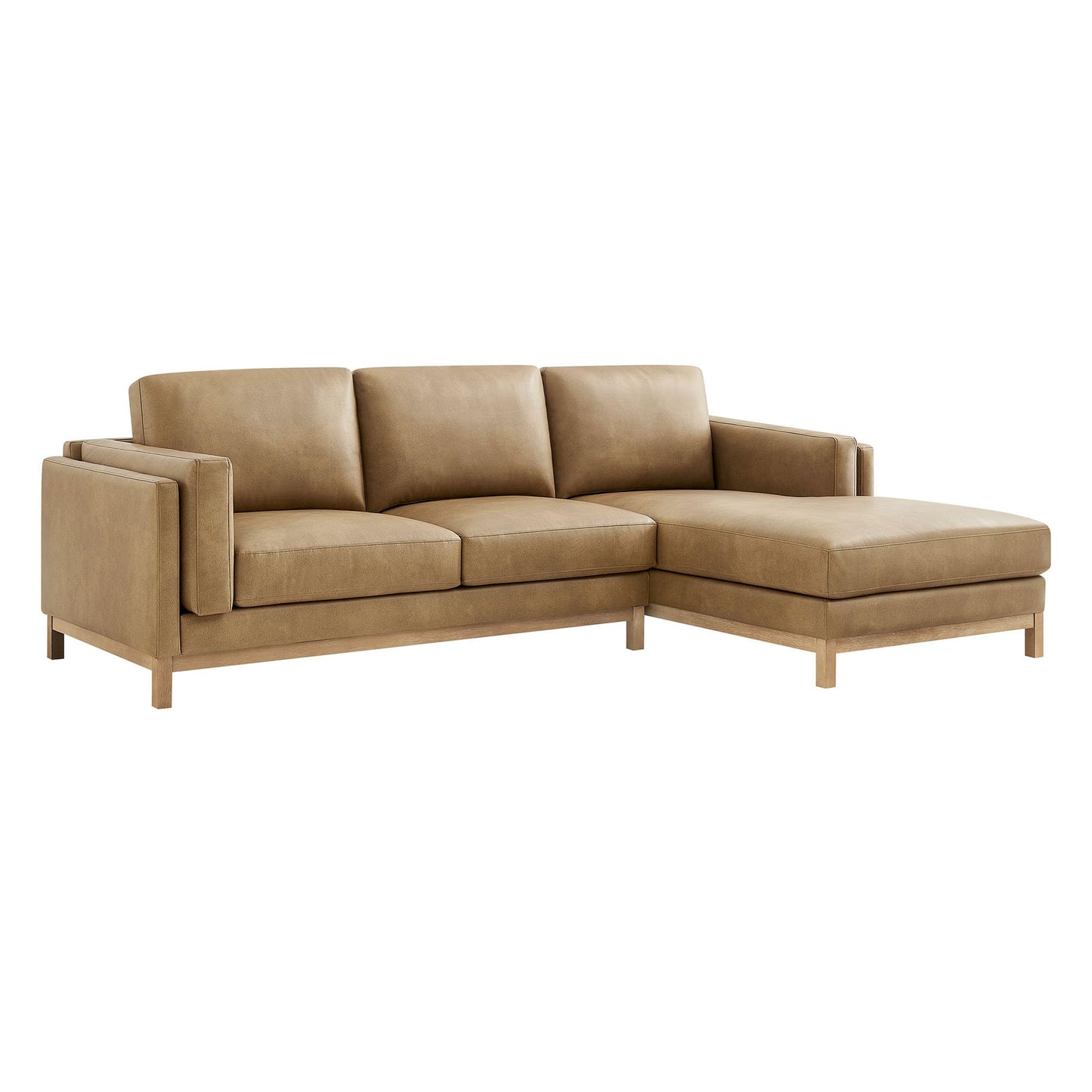 Modway Roscoe Right-Facing Sectional Sofa with Chaise in Toast - 2-Piece Faux Leather Upholstered Deep Seat Couch, L Shaped Modular for Living Room or Lounge