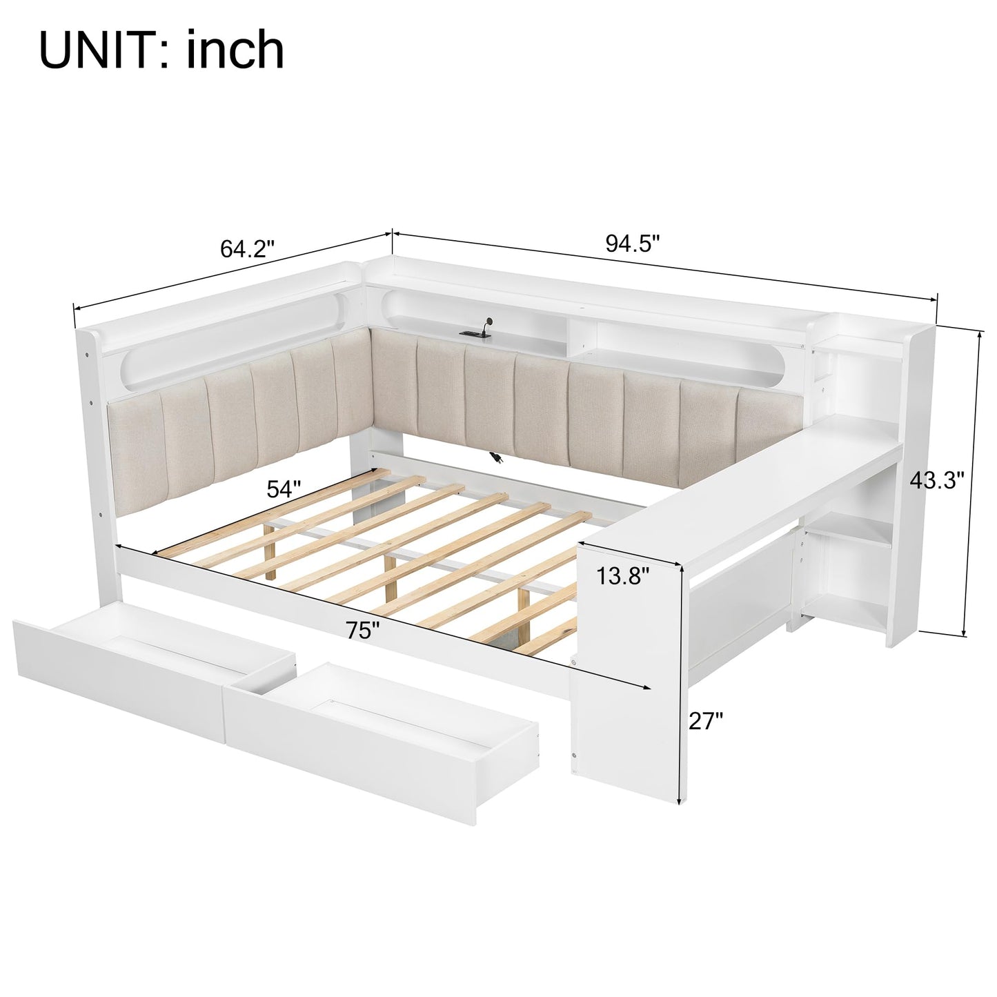 Merax Full Size Multifunctiona Daybed with Storage Drawers and Built-in Shelves & Desk, Corner Bed Frame with Charging Station, LED Light, Upholstered Headboard and Backrest