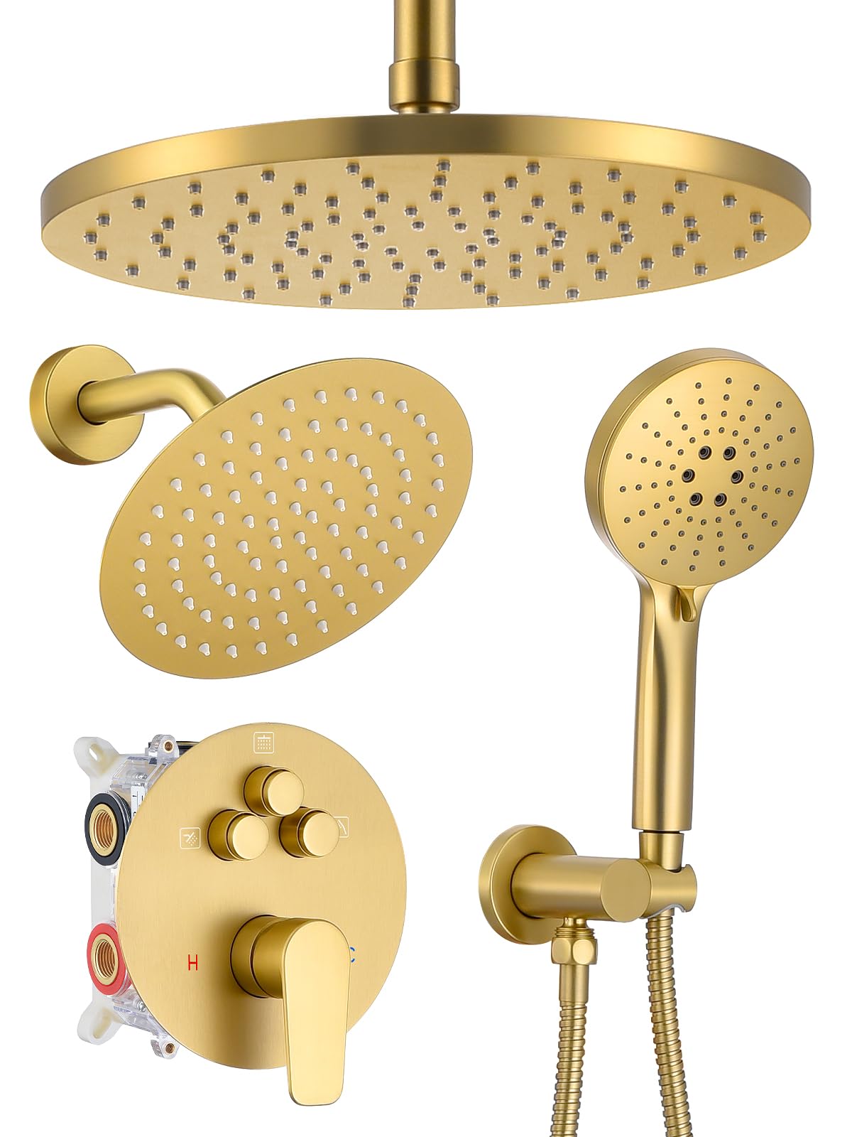 Woindo Shower Faucet Set 10" Rain Shower Head/8'' Side Shower Head and 3 Setting Handheld Ceiling Mount 3 Push Button Diverter Complete Rainfall Round Shower System Included Valve Trim Kit
