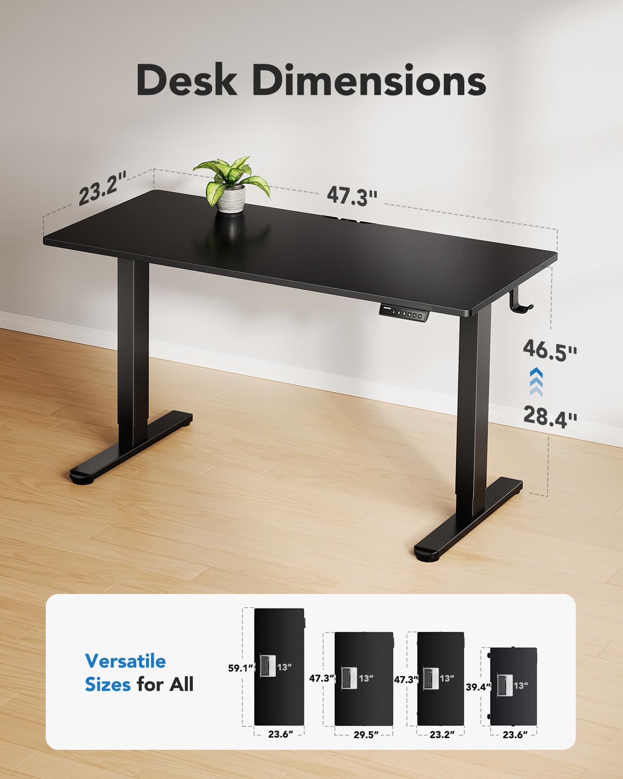 HUANUO Electric Standing Desk, Whole Piece Desktop, Adjustable Height Computer Desks, 4 Height Memory Settings, Sit Stand Up Desk for Home Office, 48" x 24", Black
