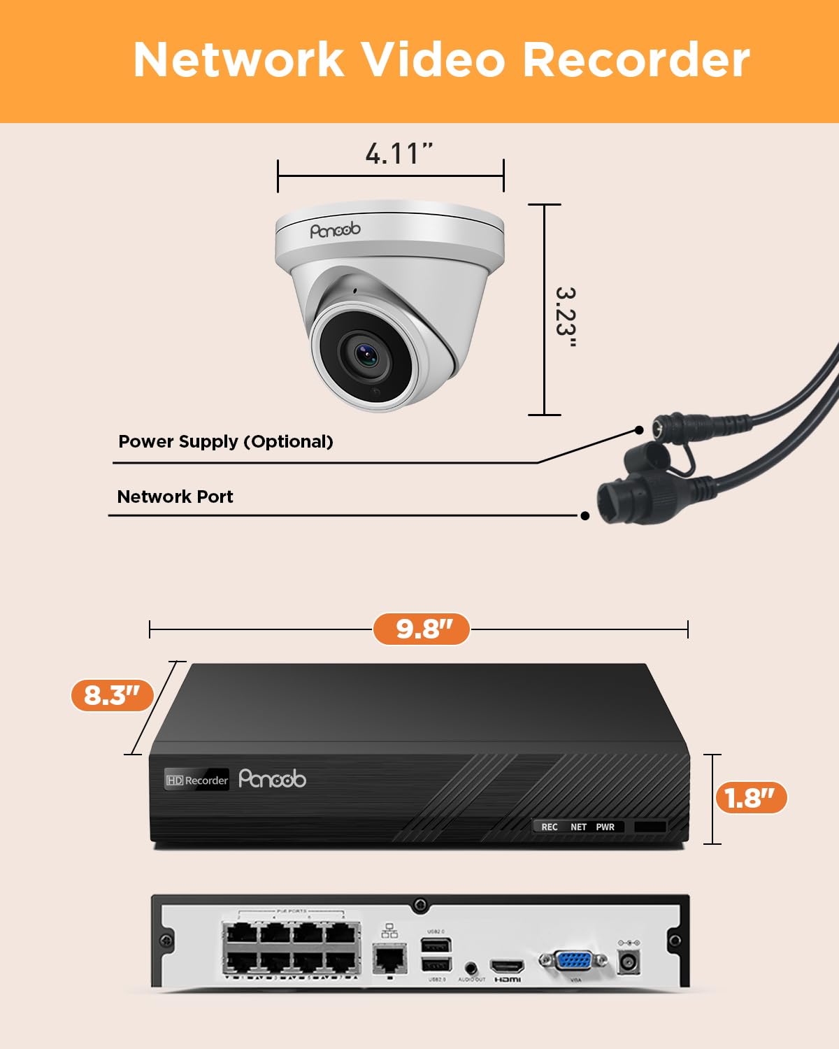 PANOOB NVR Security Camera System 8 Channel, 6X 5MP Wired Surveillance IP Dome Turret Camera with Person Detection for Home Security, 100ft IR Night Vision, 4K 8CH PoE NVR 2TB HDD, PD93A0608-5M
