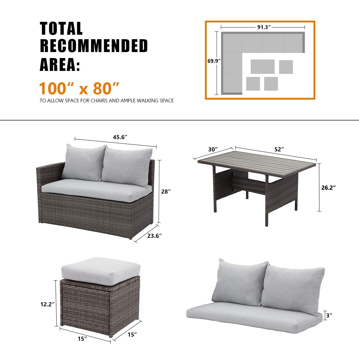 Wisteria Lane 7 Piece Patio Furniture Set, Wicker Patio Sectional with Wide Armrest, All Weather Outdoor Dining Set, Outdoor Furniture Patio Conversation Set with Ottoman, Light Grey