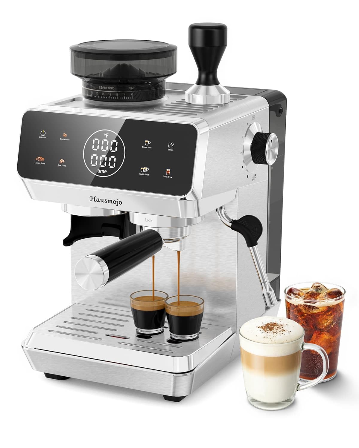 Hausmojo CM1620 Espresso Machine with Built-in Burr Grinder, 20 Bar Bean-to-Cup Espresso Maker with 44 Grind Settings & Steam Wand, Touchscreen Coffee Machine for Latte, Cappuccino