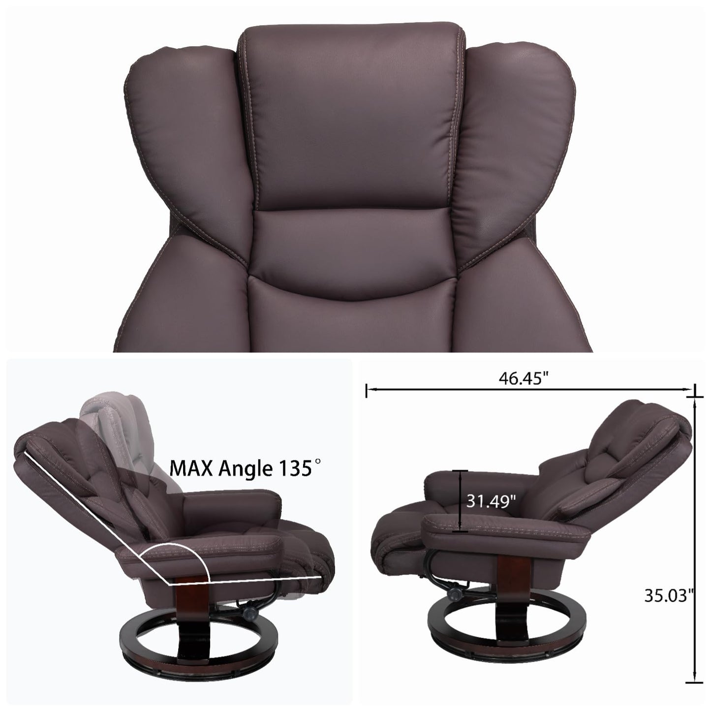 Trygoal Massage Recliner Chair with Ottoman, 360° Swivel Ergonomic Leather Reclining with 8 Vibration & Heating Points, 135° Lounge TV Chair with Bent Wood Base for Living Room and Bedroom, Brown