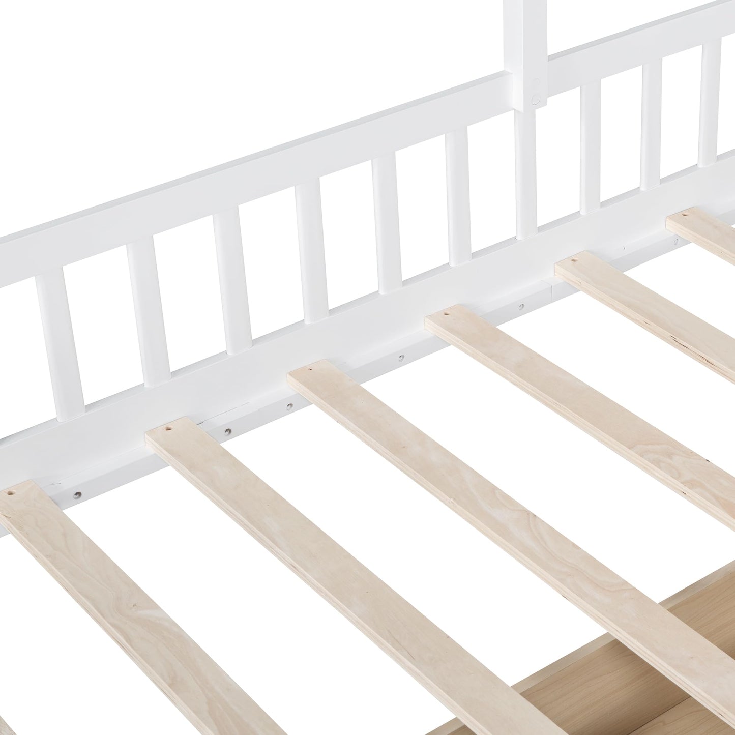 Merax Twin Size House Bed with Upholstered Sofa Seat, White L-Shape Wooden Platform Bed Frame with Two Drawers and Storage Shelf