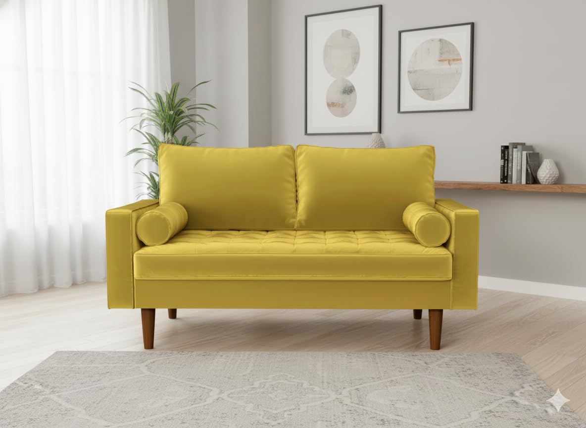 Container Furniture Direct Womble 58 Inch Velvet Loveseat Sofa with Elegant Button Tufted Upholstery, Square Arms, Splayed Wood Legs, Includes Matching Bolster Pillows, Goldenrod