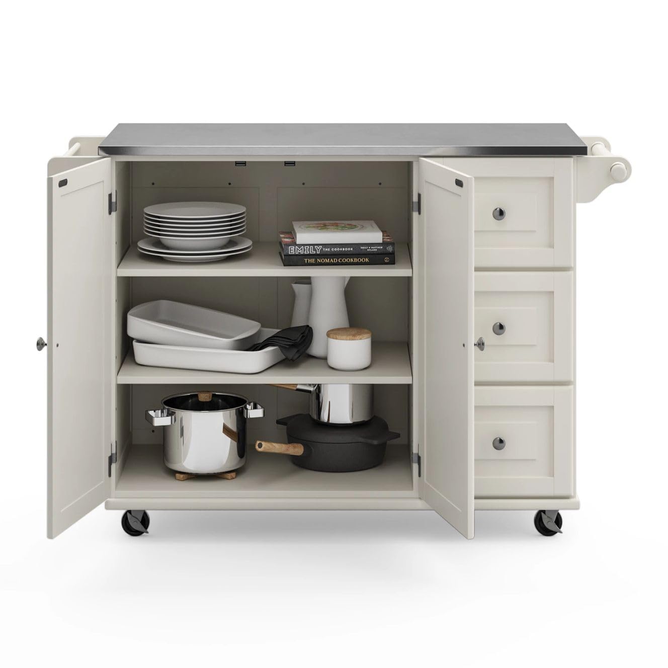 53.5" Kitchen Island Cart with Storage, Rolling Kitchen Cart on Wheels with Stainless Steel Top, Mobile Prep Station with Drawers, Cabinets, Adjustable Shelves & Towel Rack, Solid Wood, Off White