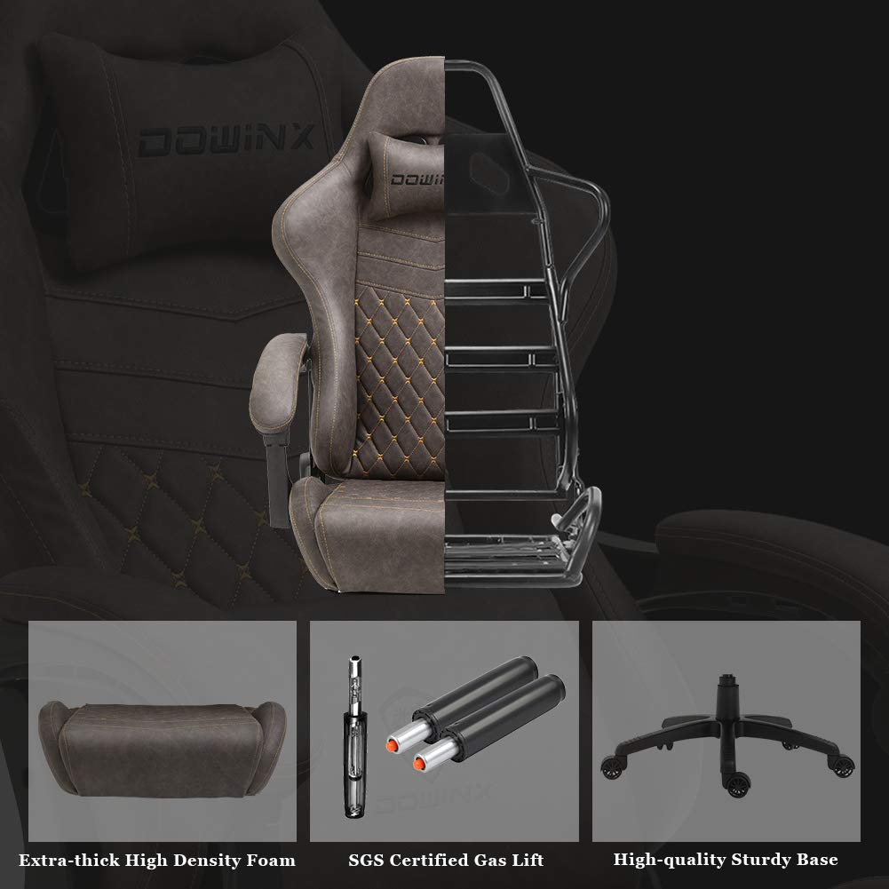 Dowinx Gaming Chair Big and Tall, Ergonomic Game Chair for Adults with Footrest and Massage Lumbar Support, High Back Computer Gamer Chair PU Leather, 350Lbs, for Office, Home, Brown