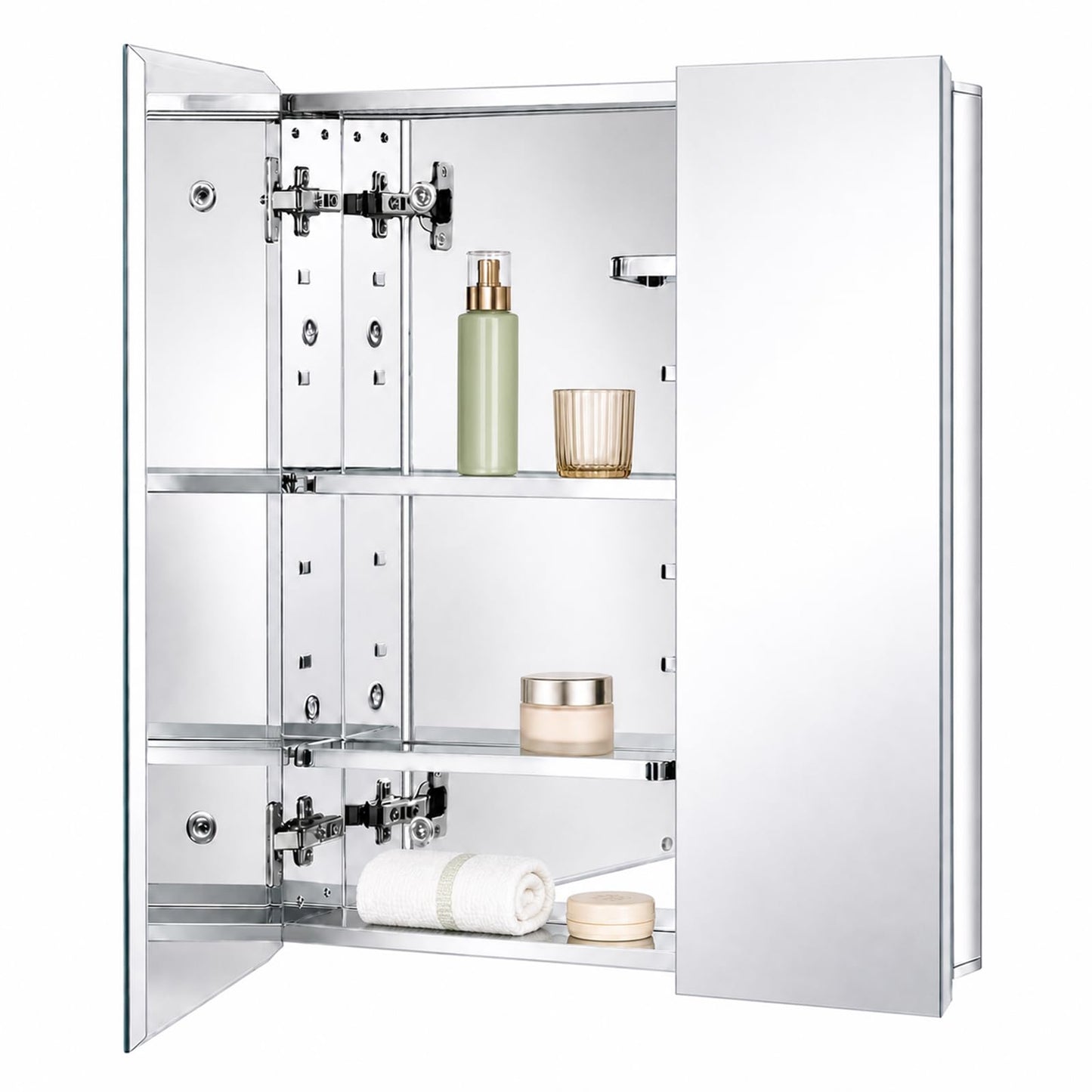 Fundin Stainless Steel Medicine Cabinet, Bathroom Mirror Cabinet, Surface Mount and Recess Mount, 23.6 x 25.6 inch, with Unique Half-Shelves for Greater Storage adjustability