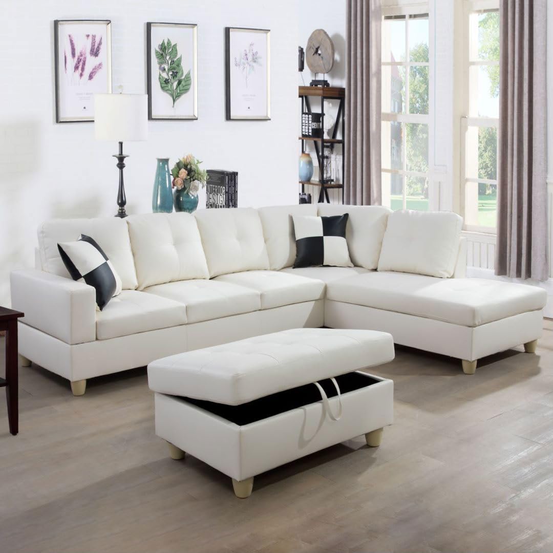 UOCFYK White L-Shaped 3-Piece Faux Leather Sofa with Storage Ottoman Set, Sectional Couch Leather-Like Sofa Set for Living Room, Office, Small Space