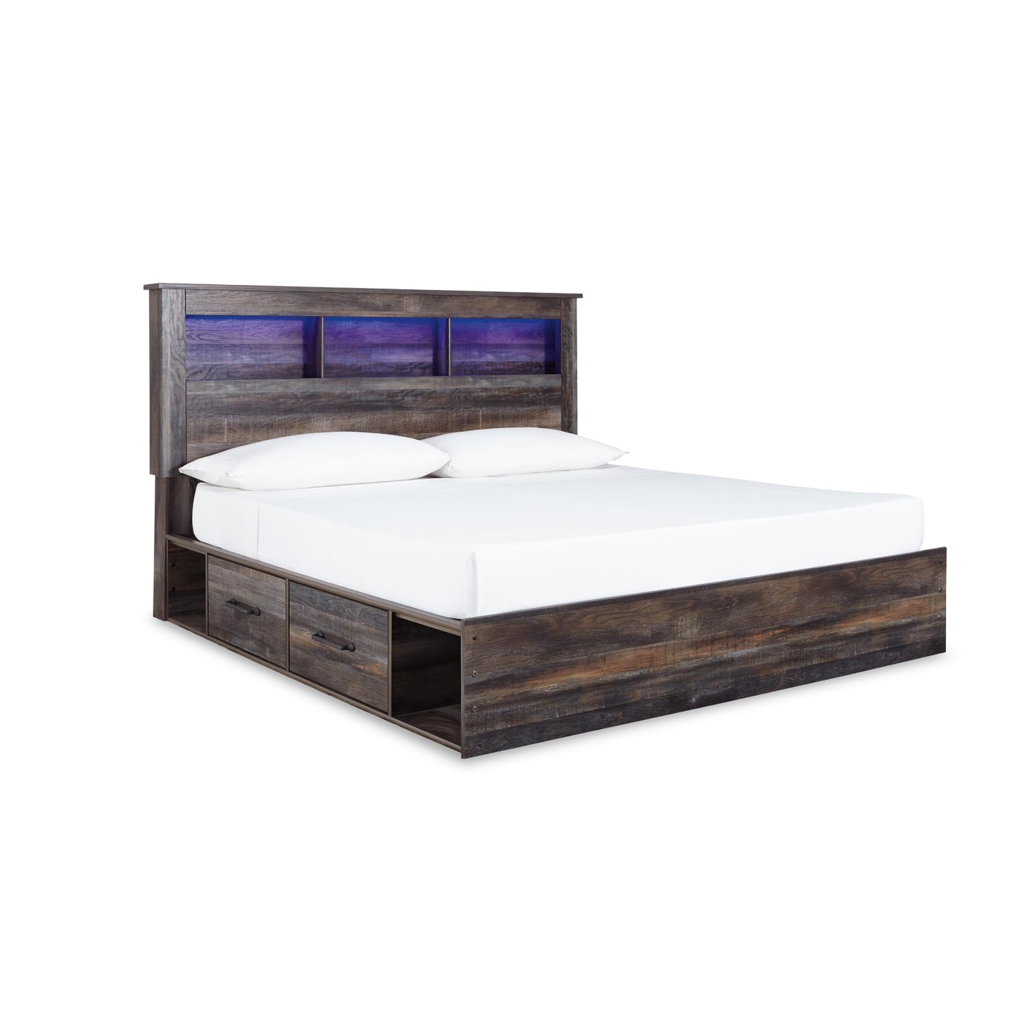 Signature Design by Ashley Drystan King Bookcase Bed with 2 Storage Drawers, Dimming LED Lights, Engineered Wood Construction, Rustic Industrial Platform Frame for Bedrooms, Multi, King
