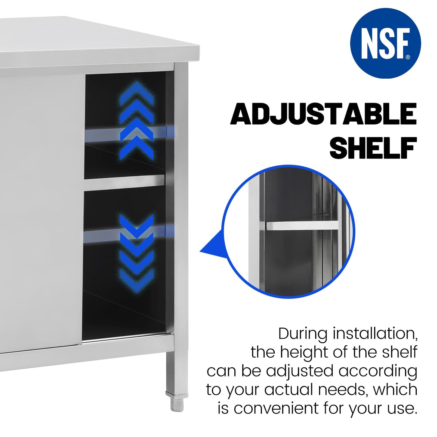 Hally Stainless Steel Cabinet, 24" x 48" NSF Commercial Heavy Duty Prep Workbench with Two Sliding Doors, Large Storage Cabinet, Metal Table for Kitchen, Restaurant, Garage