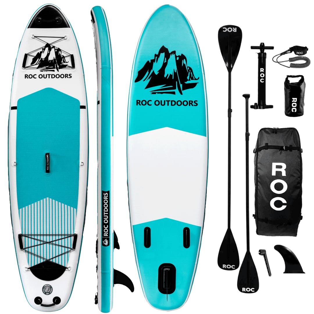 Roc Inflatable Stand Up Paddle Board with Premium SUP Paddle Board Accessories, Wide Stable Design, Non-Slip Comfort Deck for Youth & Adults (Teal)