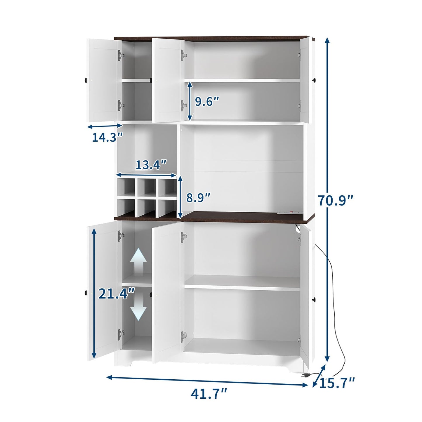 Garvee 71" Tall White Kitchen Pantry Cabinet with Charging Station, Farmhouse Freestanding Cupboard Kitchen Hutch with Microwave Stand & Drawers & Wine Bar Storage Cabinet Sideboard for Dining Room