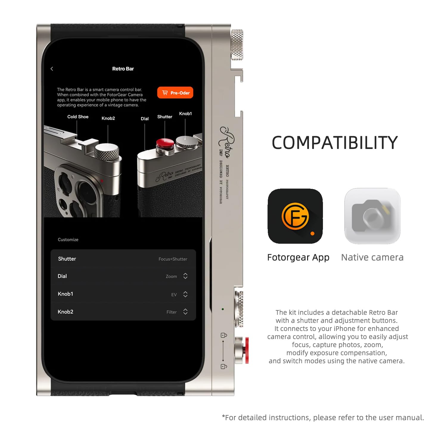 Fotorgear Retro Photography Kit for iPhone - Physical Camera Control Bar with Manual Focus, Shutter and Zoom Controls, Expandable Phone Lens and 67mm fitler Adapter (iPhone 15 Pro Max)