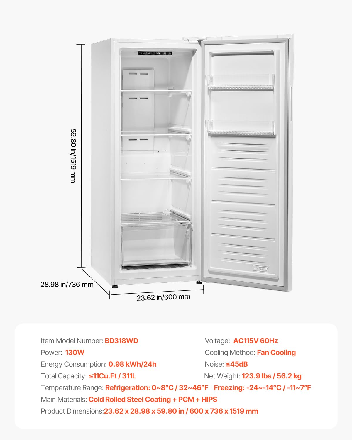 VEVOR Convertible Freezer/Refrigerator, 11 Cu.Ft Frost Free Upright Freezer with Temp Control Panel, Reversible Door, Adjustable Glass Shelves and LED, Standing Fridge for Kitchen, Office, Garage