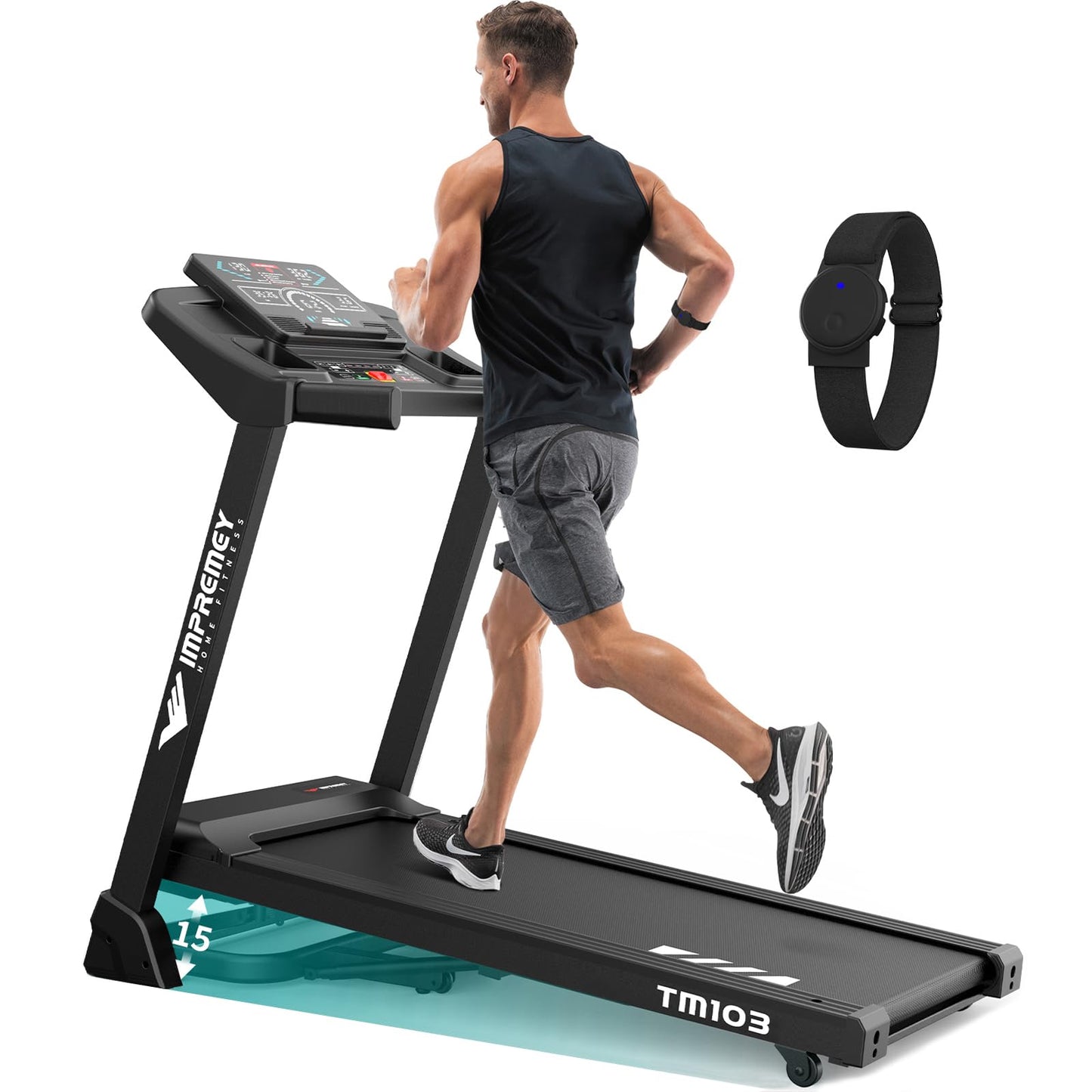 Impremey Foldable Treadmill with Incline 15 Levels for Home Exercise, Smart Heart Rate Control Walking or Running with Pulse Monitor Armband, Big Led Screen, 10 Mph, 350 lbs Capacity