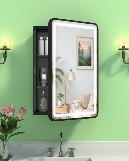 16x24 Inch LED Medicine Cabinet Mirror, Bathroom Mirror with Lights and Storage Wall Mounted & Recessed with Anti-Fog, Dimmable 3 Color Light with Memory, 2 Shelves & 1 Organizer Box, Right Hinge